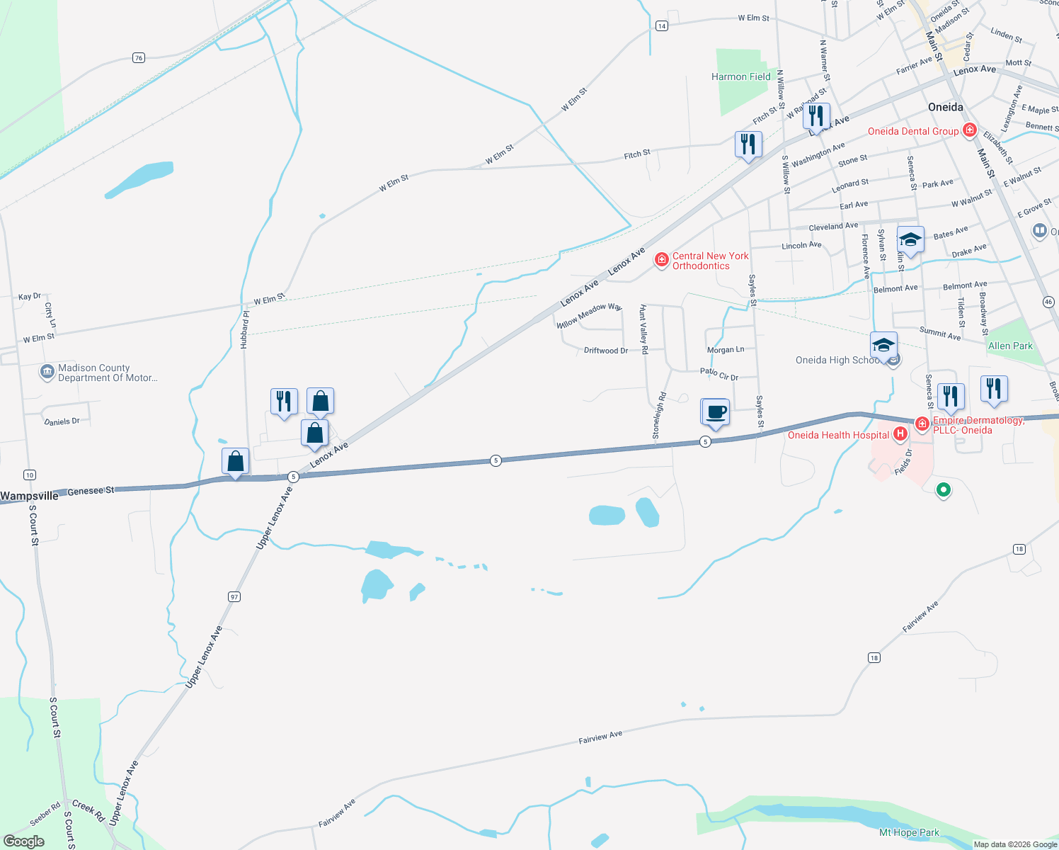 map of restaurants, bars, coffee shops, grocery stores, and more near 1224 Genesee Street in Oneida