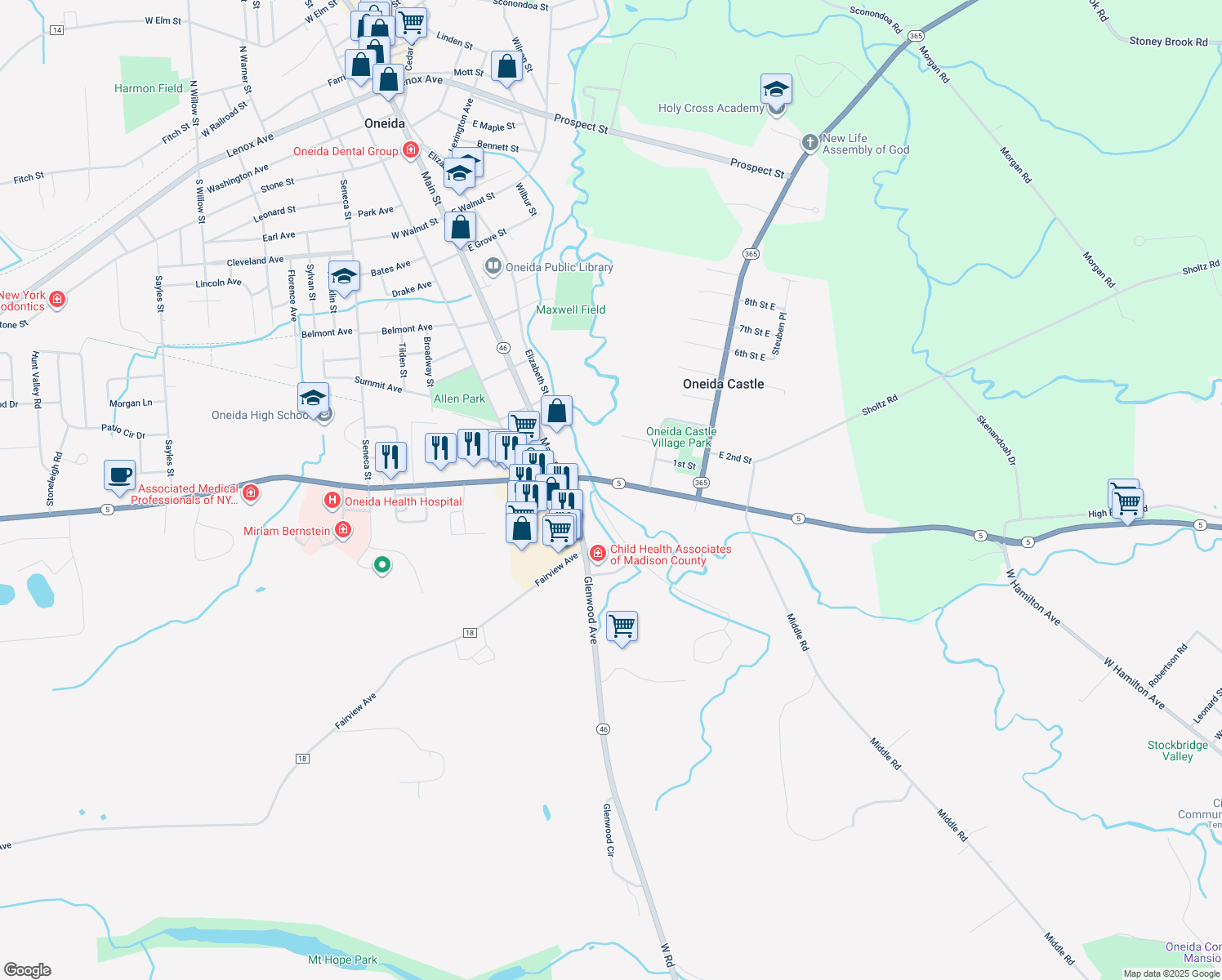 map of restaurants, bars, coffee shops, grocery stores, and more near 101 Genesee Street in Oneida