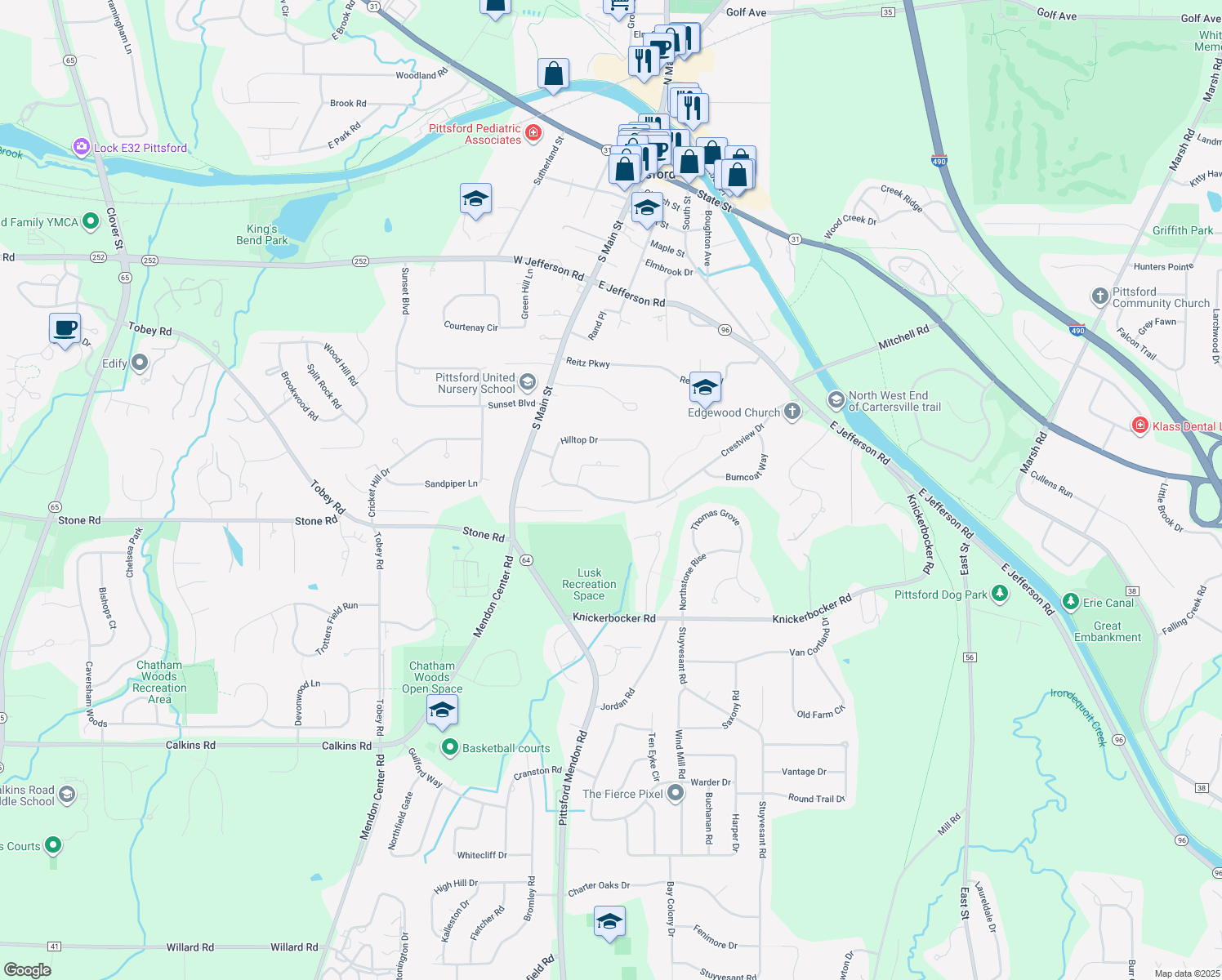 map of restaurants, bars, coffee shops, grocery stores, and more near 21 Crestview Dr in Pittsford
