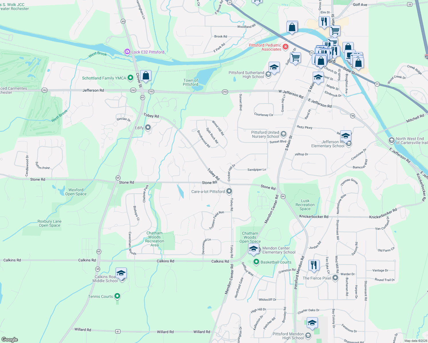 map of restaurants, bars, coffee shops, grocery stores, and more near 160 Tobey Road in Pittsford