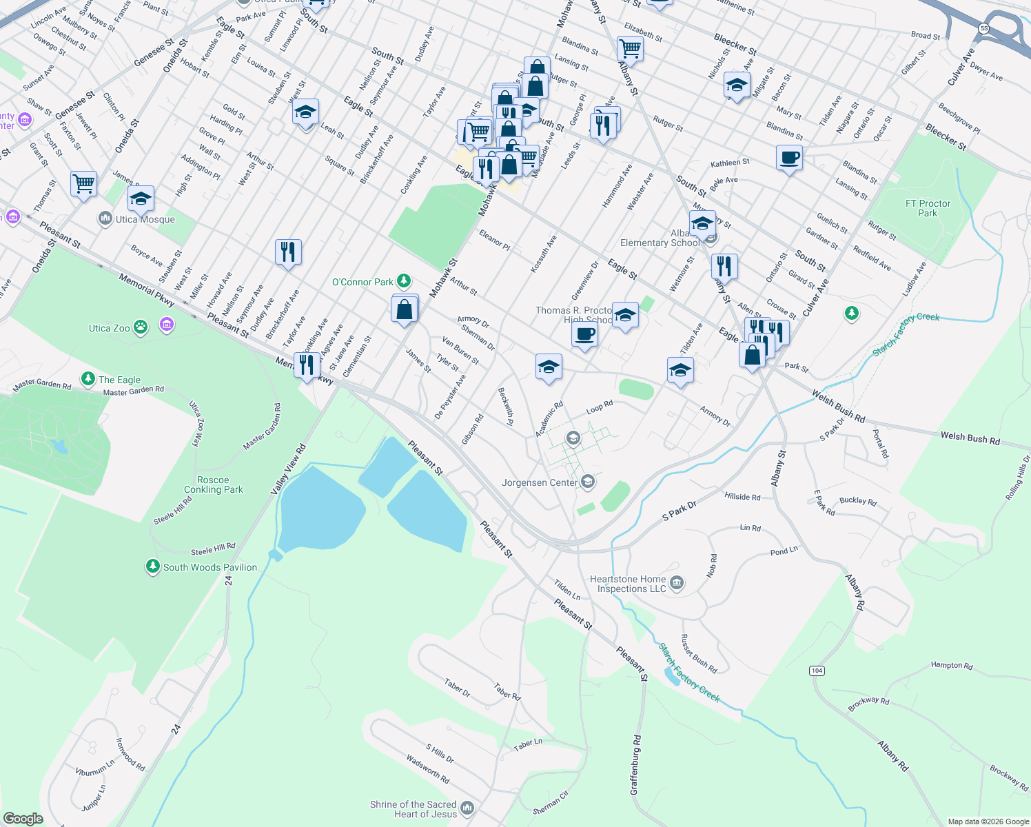 map of restaurants, bars, coffee shops, grocery stores, and more near 1013 Beckwith Place in Utica