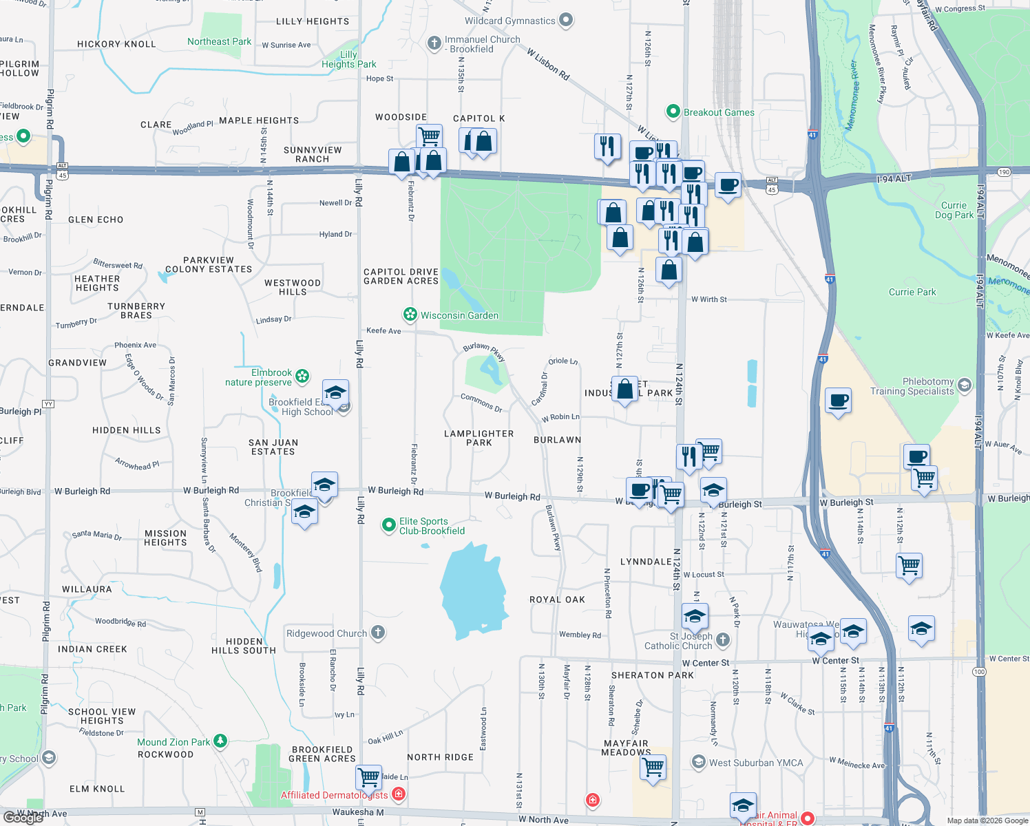 map of restaurants, bars, coffee shops, grocery stores, and more near 3310 Old Lantern Drive in Brookfield