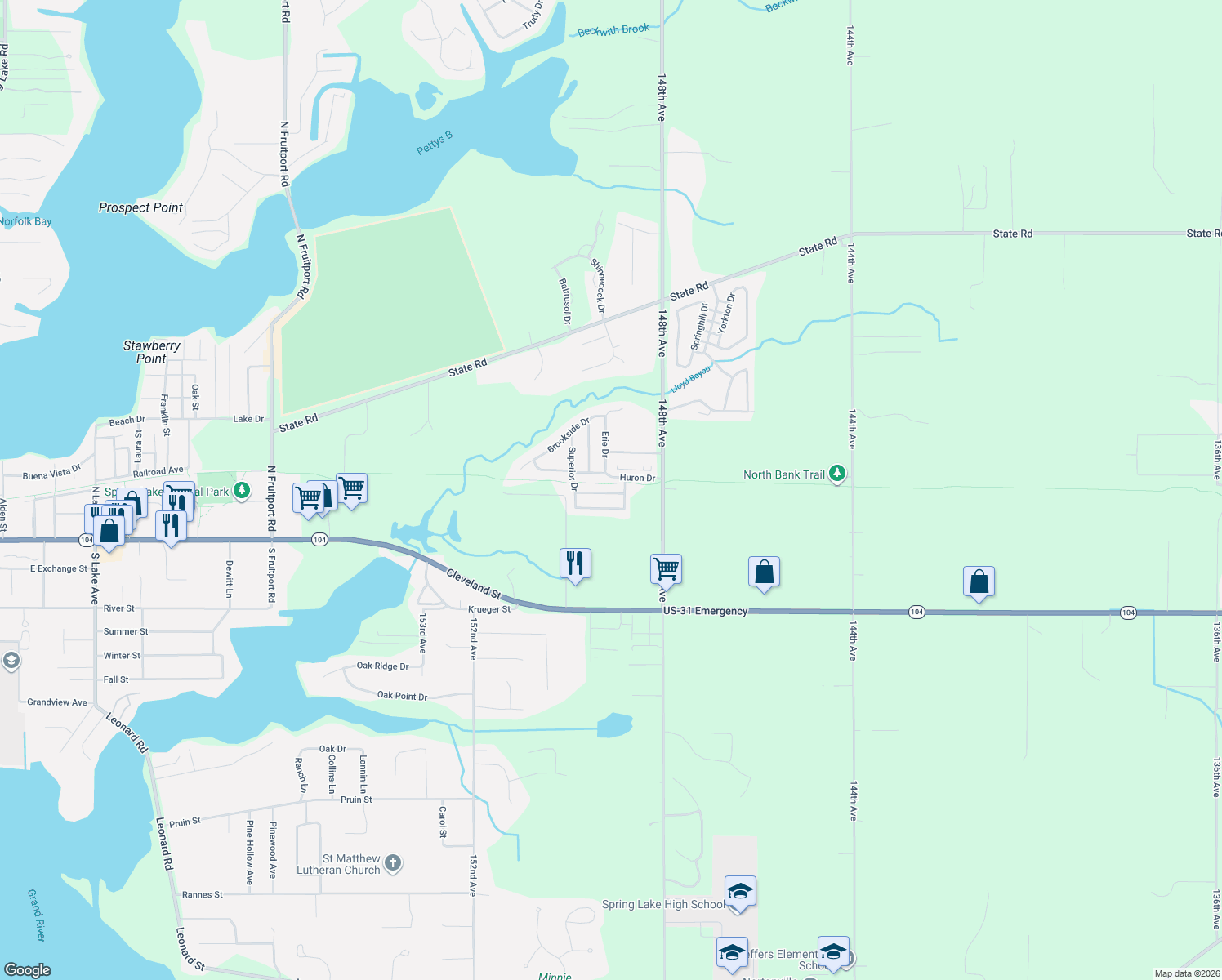 map of restaurants, bars, coffee shops, grocery stores, and more near 14933 Saint Clair Drive in Spring Lake