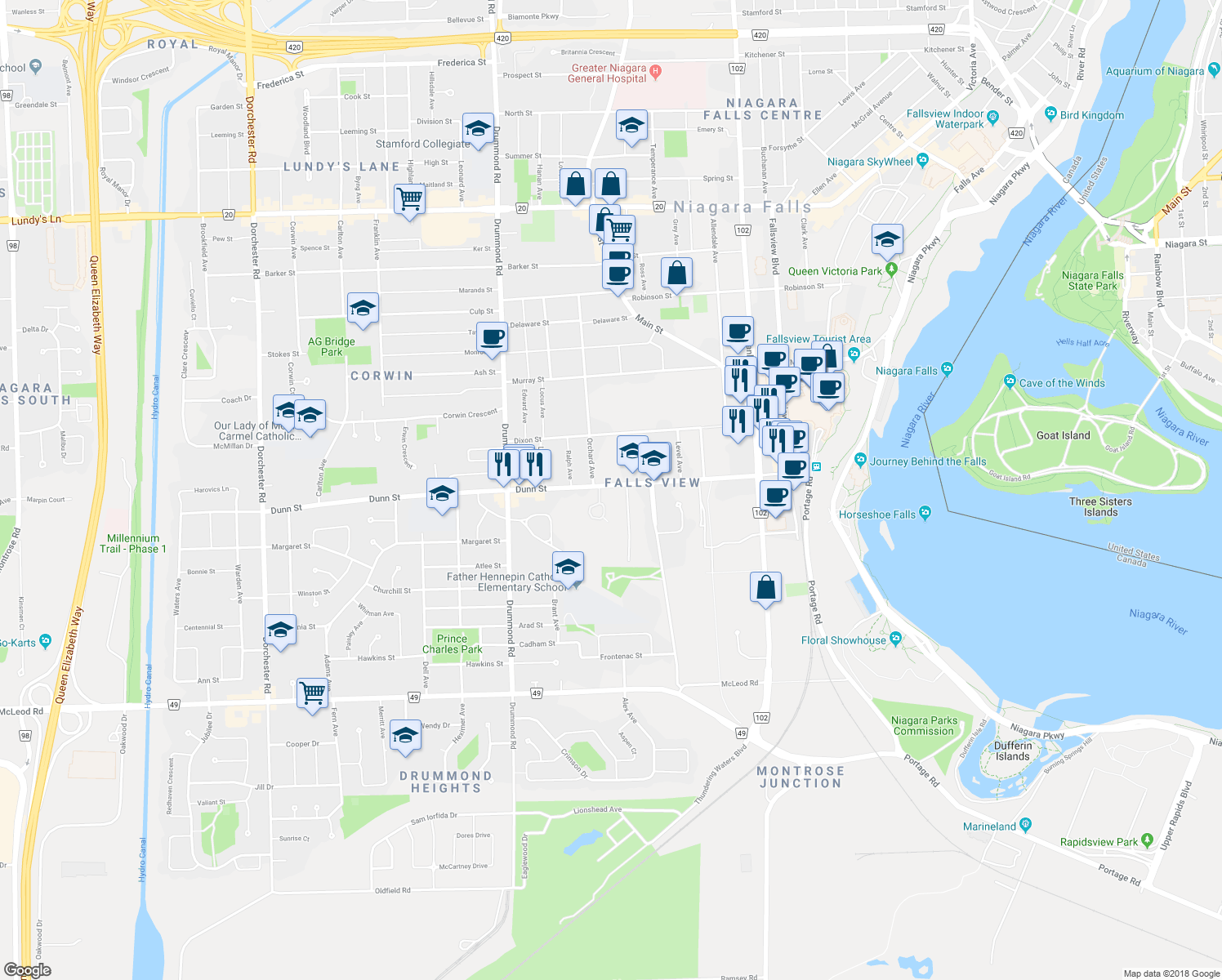 map of restaurants, bars, coffee shops, grocery stores, and more near 5938 Dunn Street in Niagara Falls