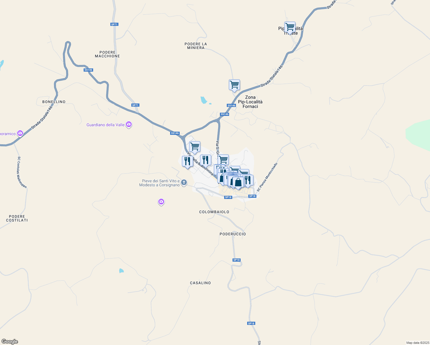 map of restaurants, bars, coffee shops, grocery stores, and more near 4 Via II Risorgimento Italiano in Pienza