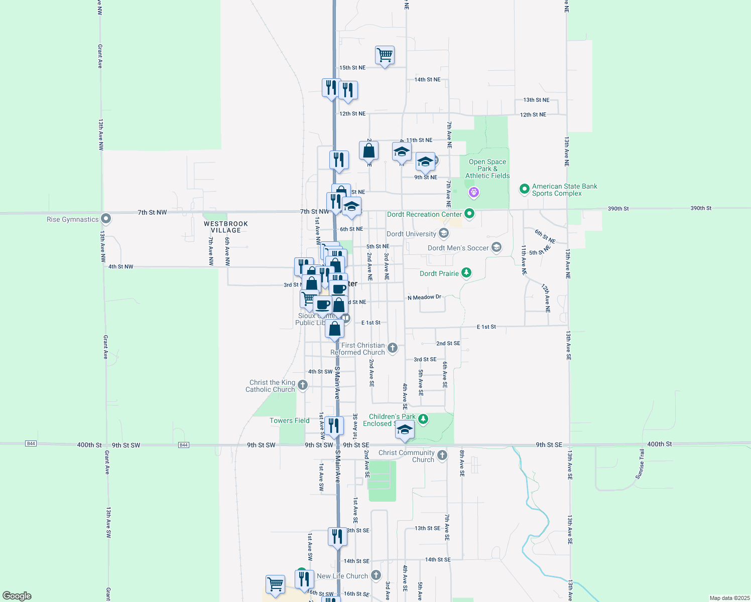 map of restaurants, bars, coffee shops, grocery stores, and more near 220 2nd Street Northeast in Sioux Center