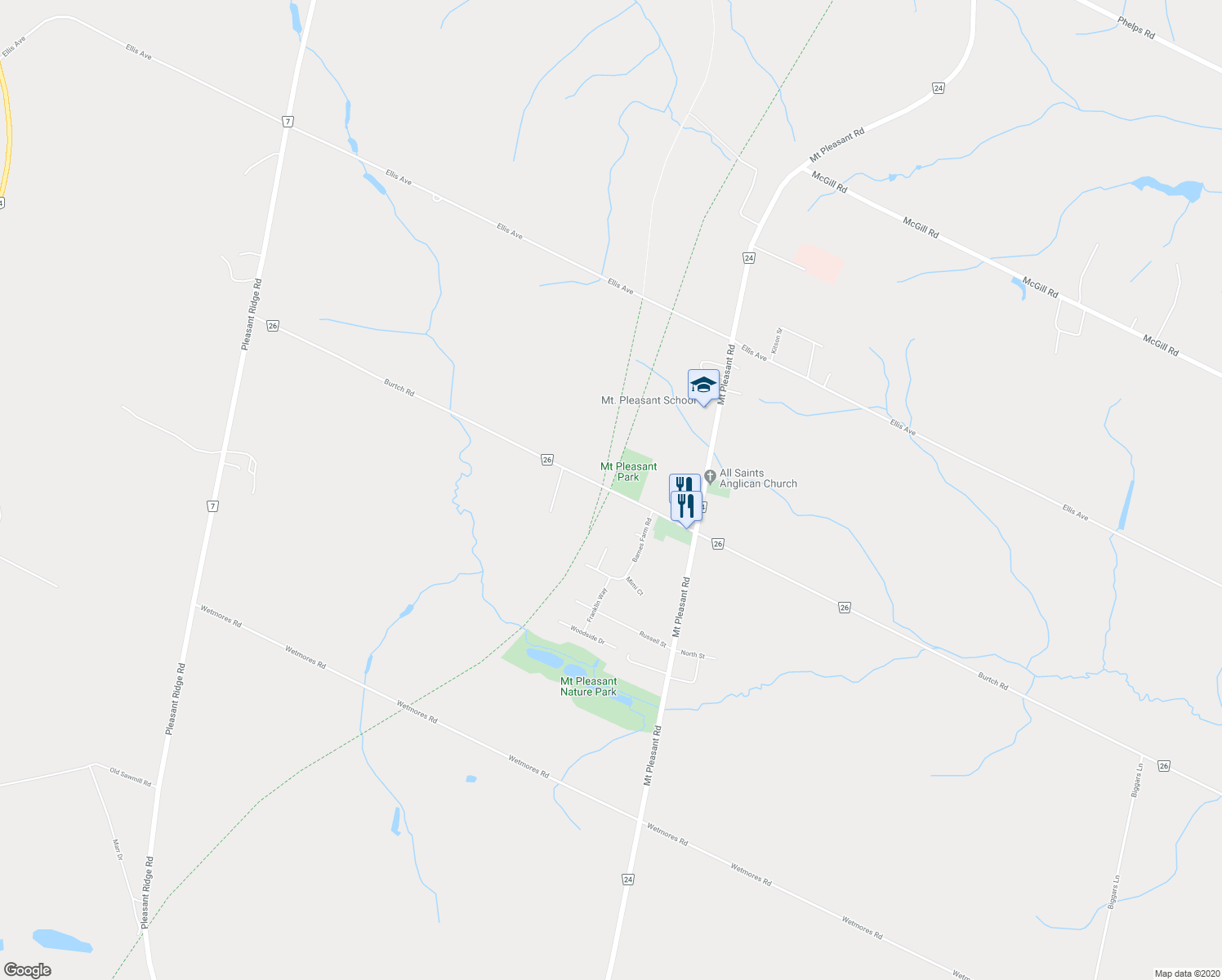 map of restaurants, bars, coffee shops, grocery stores, and more near 542 Burtch Road in Brant