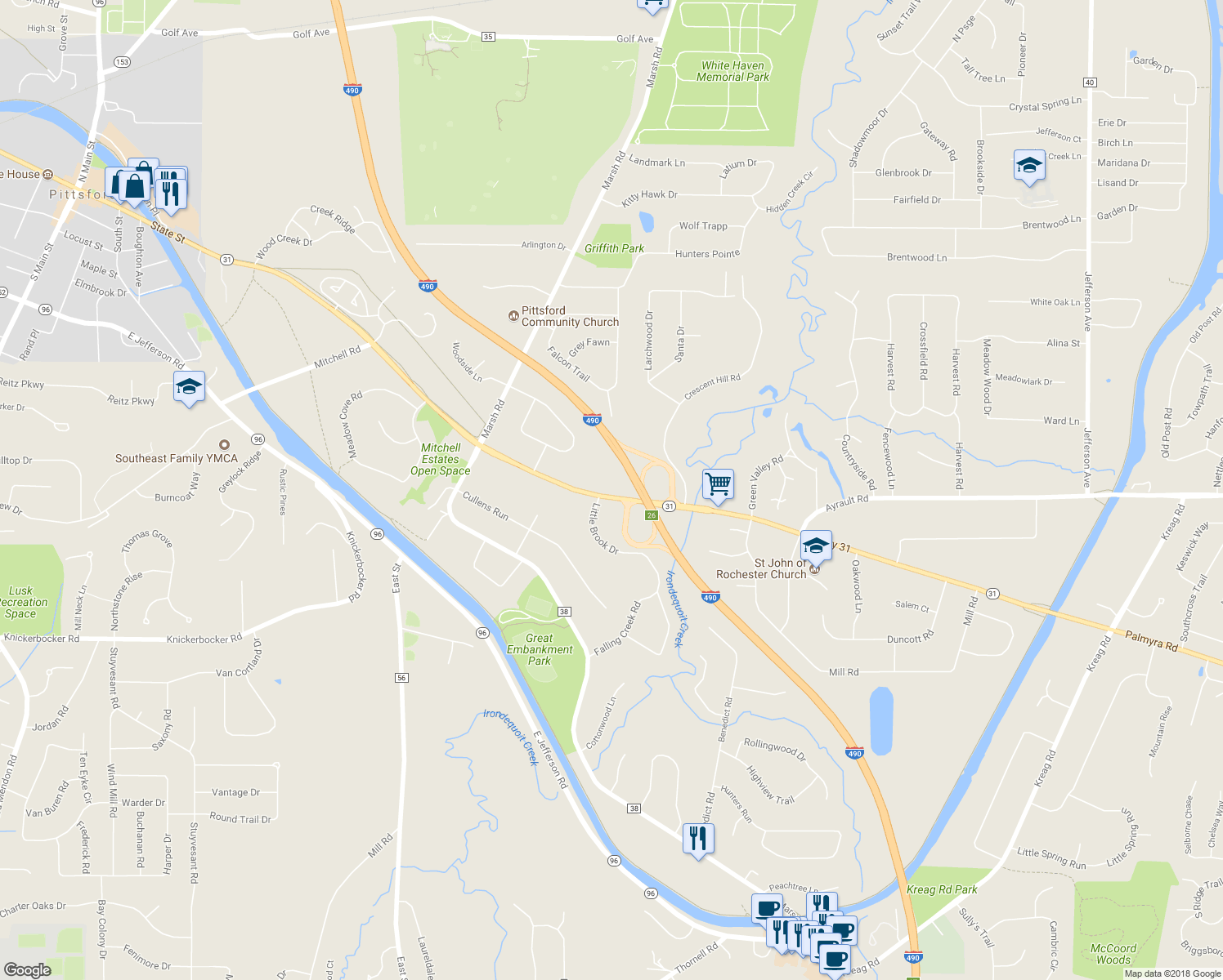 map of restaurants, bars, coffee shops, grocery stores, and more near 5688 Palmyra Road in Pittsford
