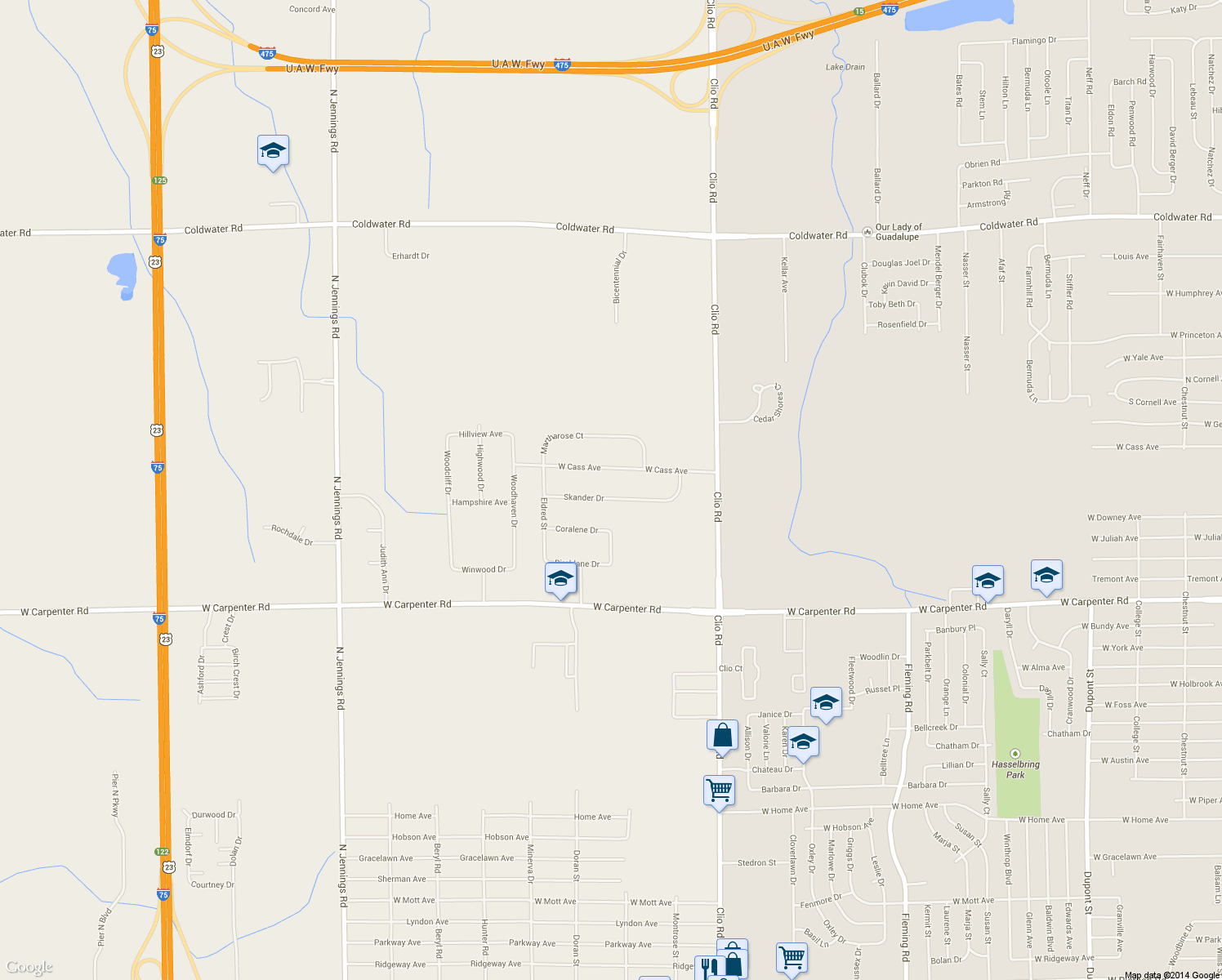 map of restaurants, bars, coffee shops, grocery stores, and more near 3178 Skander Dr in Flint