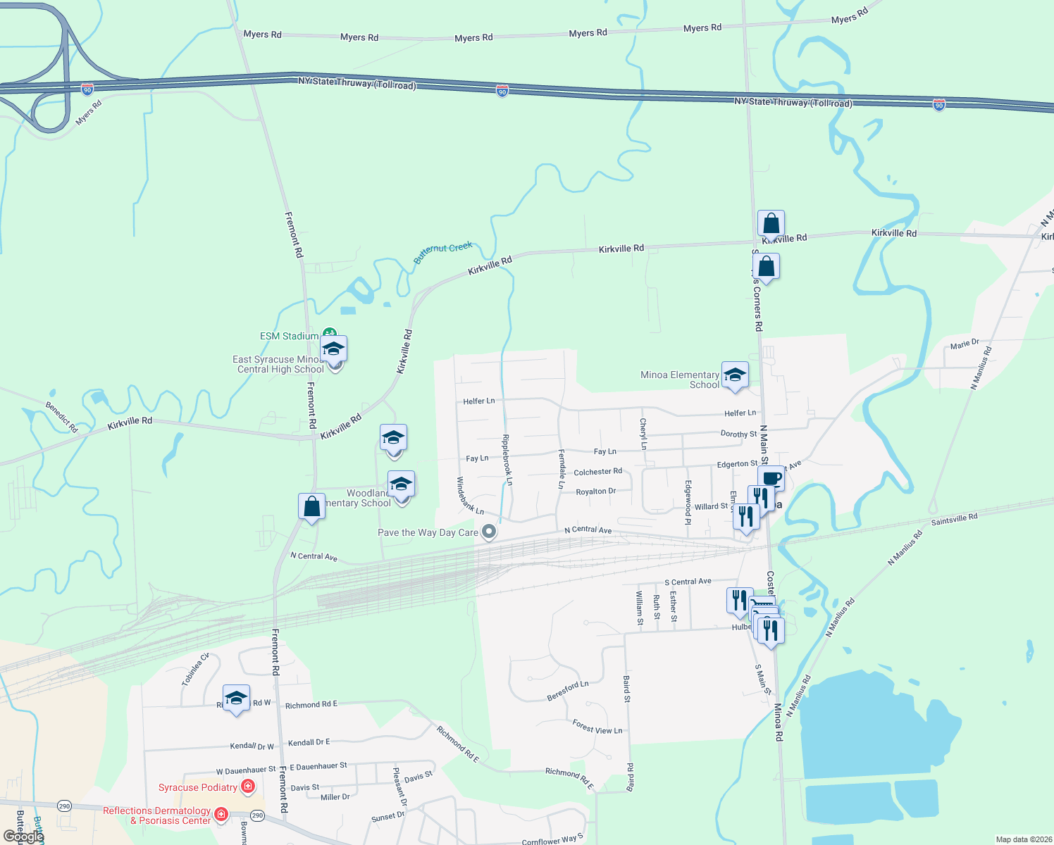 map of restaurants, bars, coffee shops, grocery stores, and more near 106 Teaslewood Ln in Minoa
