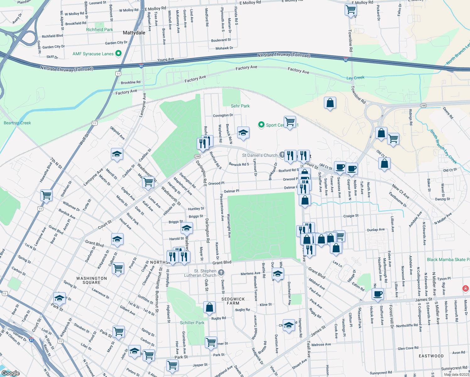 map of restaurants, bars, coffee shops, grocery stores, and more near 159 Delmar Place in Syracuse