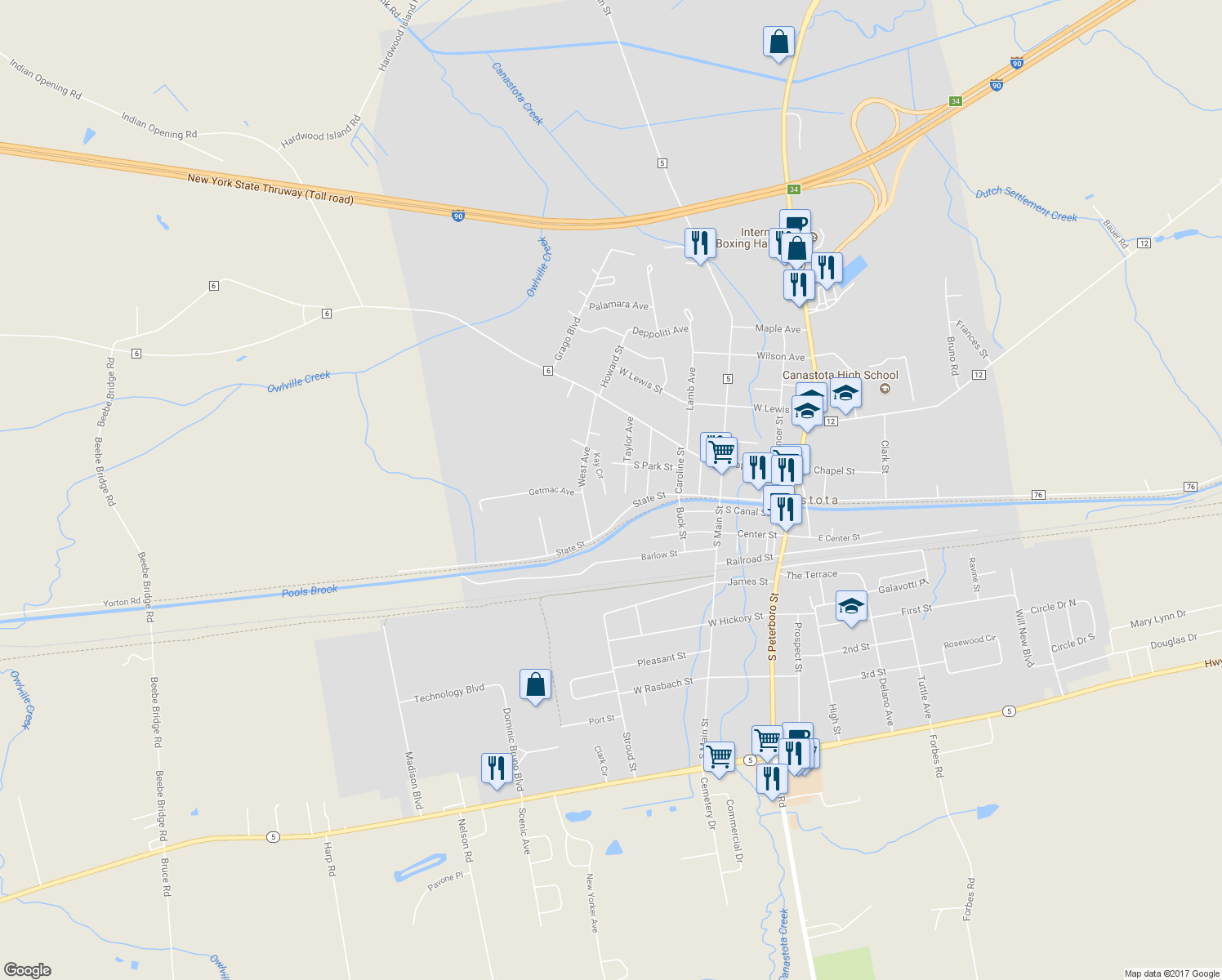 map of restaurants, bars, coffee shops, grocery stores, and more near 216-218 Kay Circle in Canastota