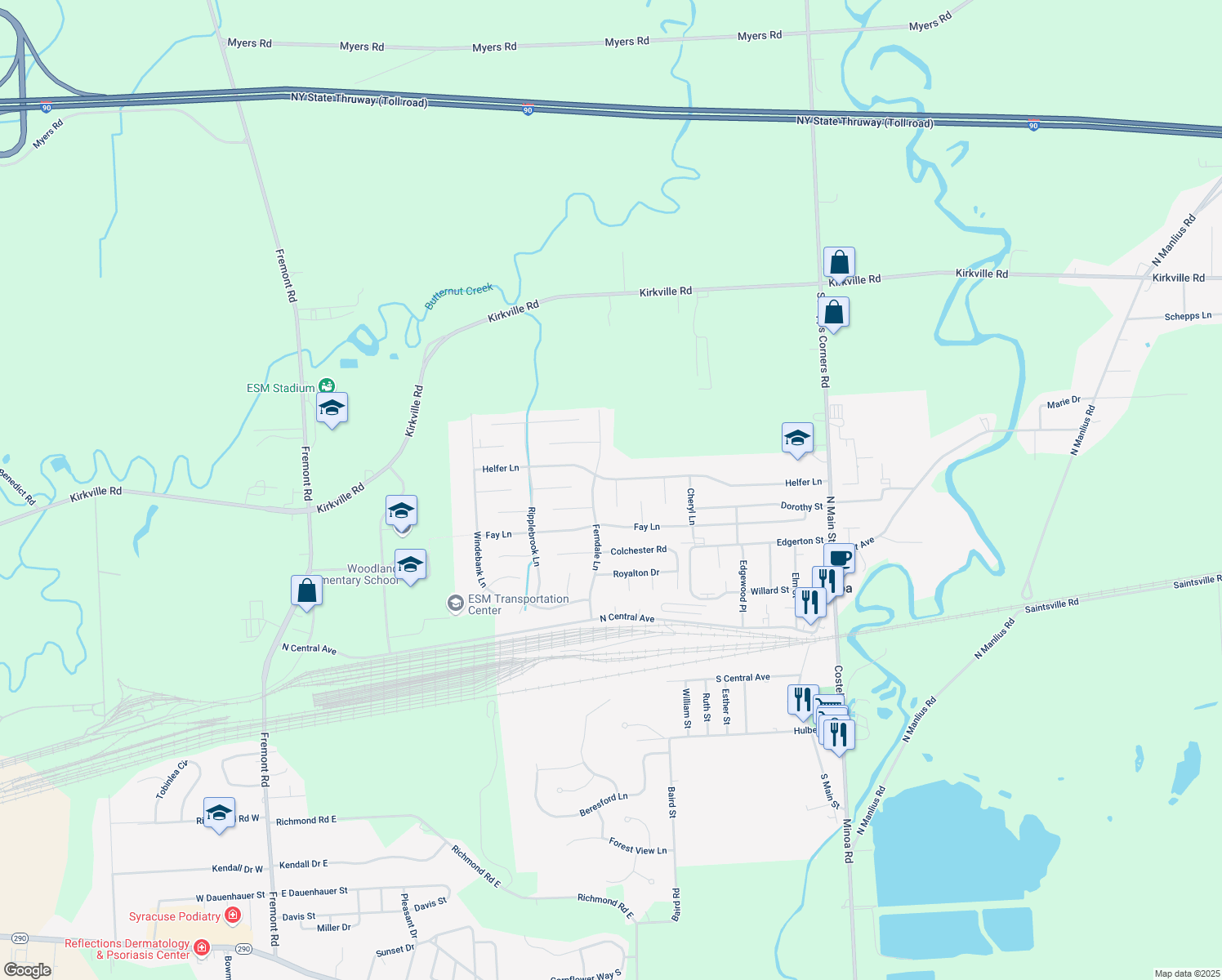 map of restaurants, bars, coffee shops, grocery stores, and more near 102 Boxwood Lane in Minoa