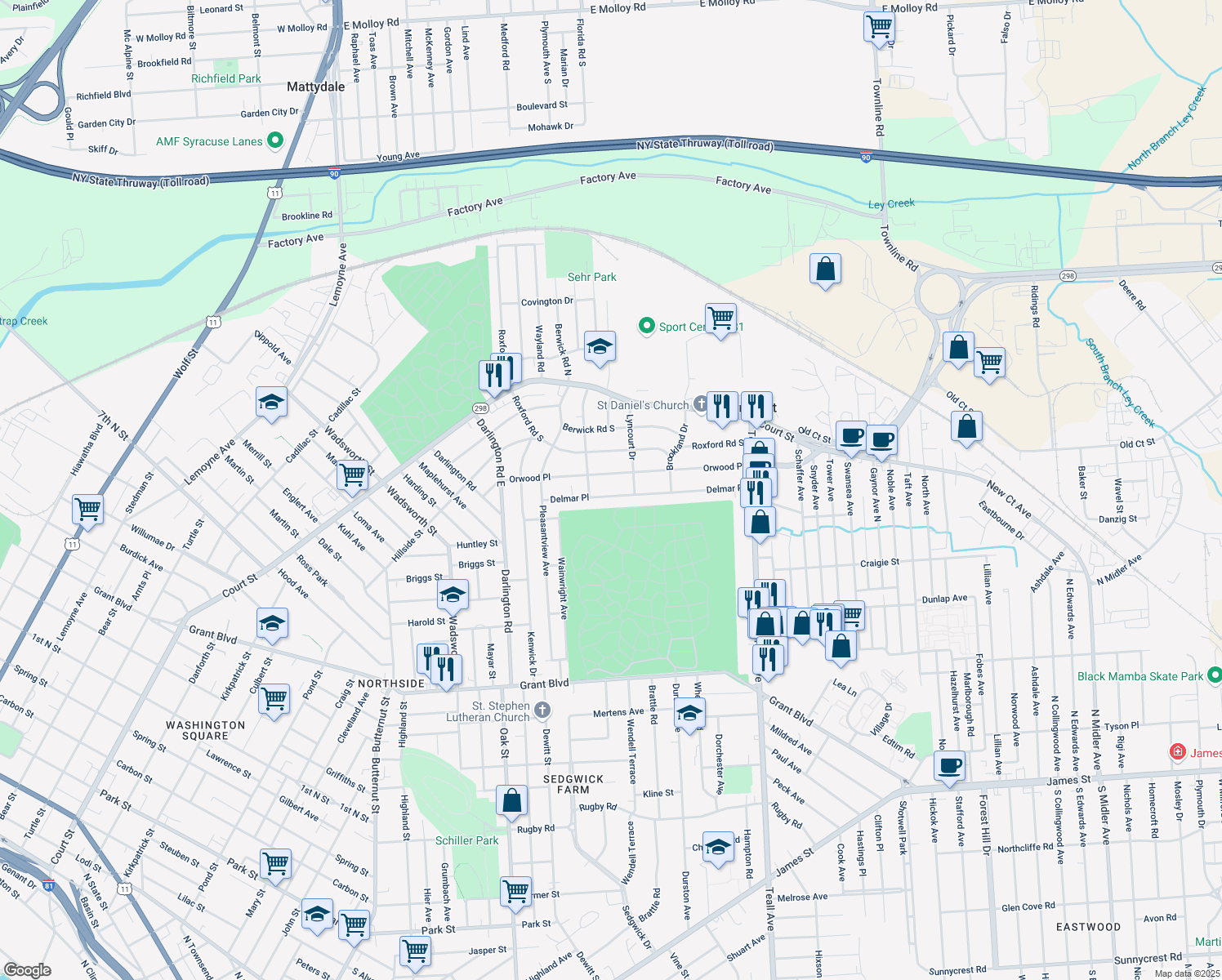 map of restaurants, bars, coffee shops, grocery stores, and more near 439 Delmar Place in Syracuse