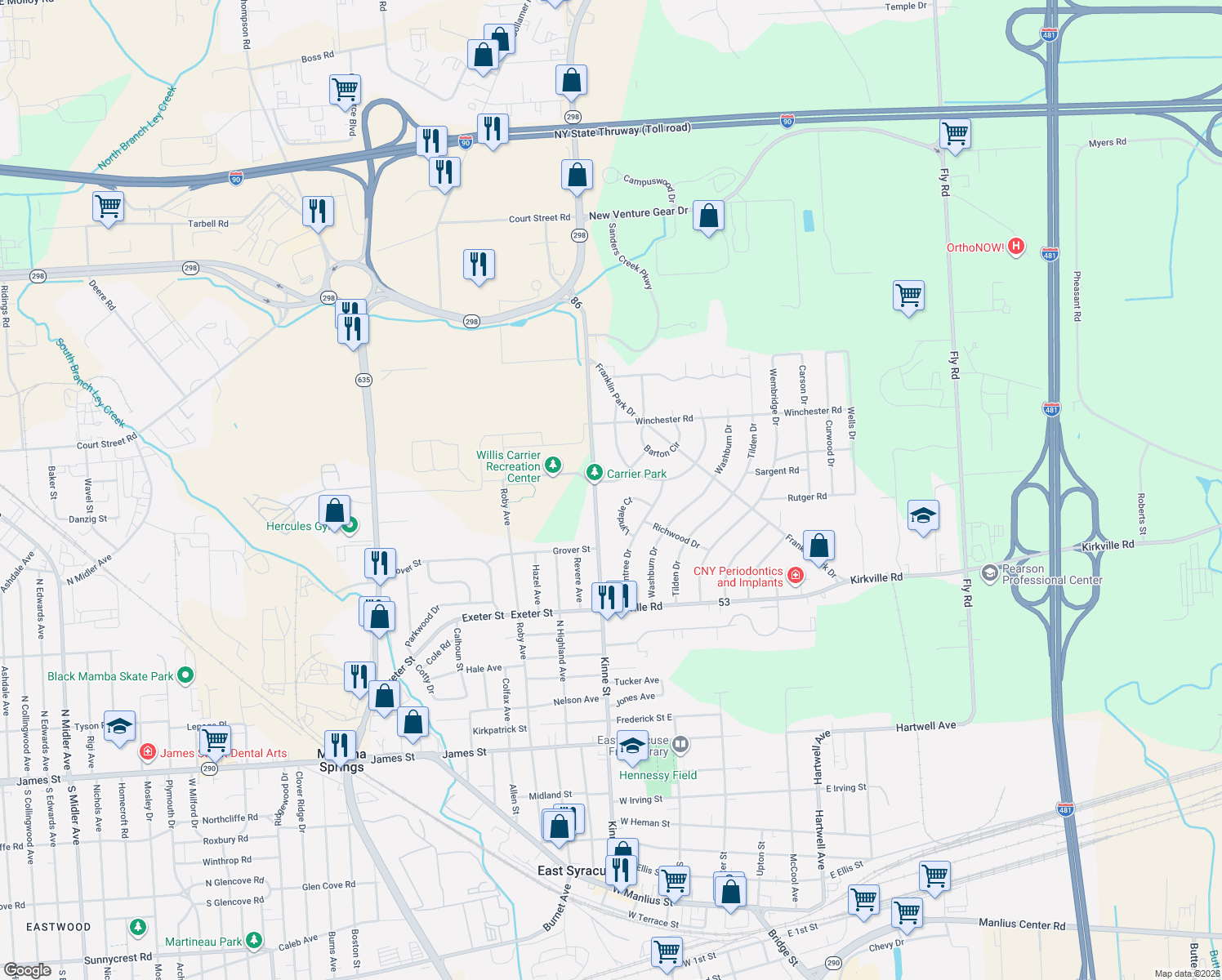 map of restaurants, bars, coffee shops, grocery stores, and more near 102 Altmont Dr in East Syracuse