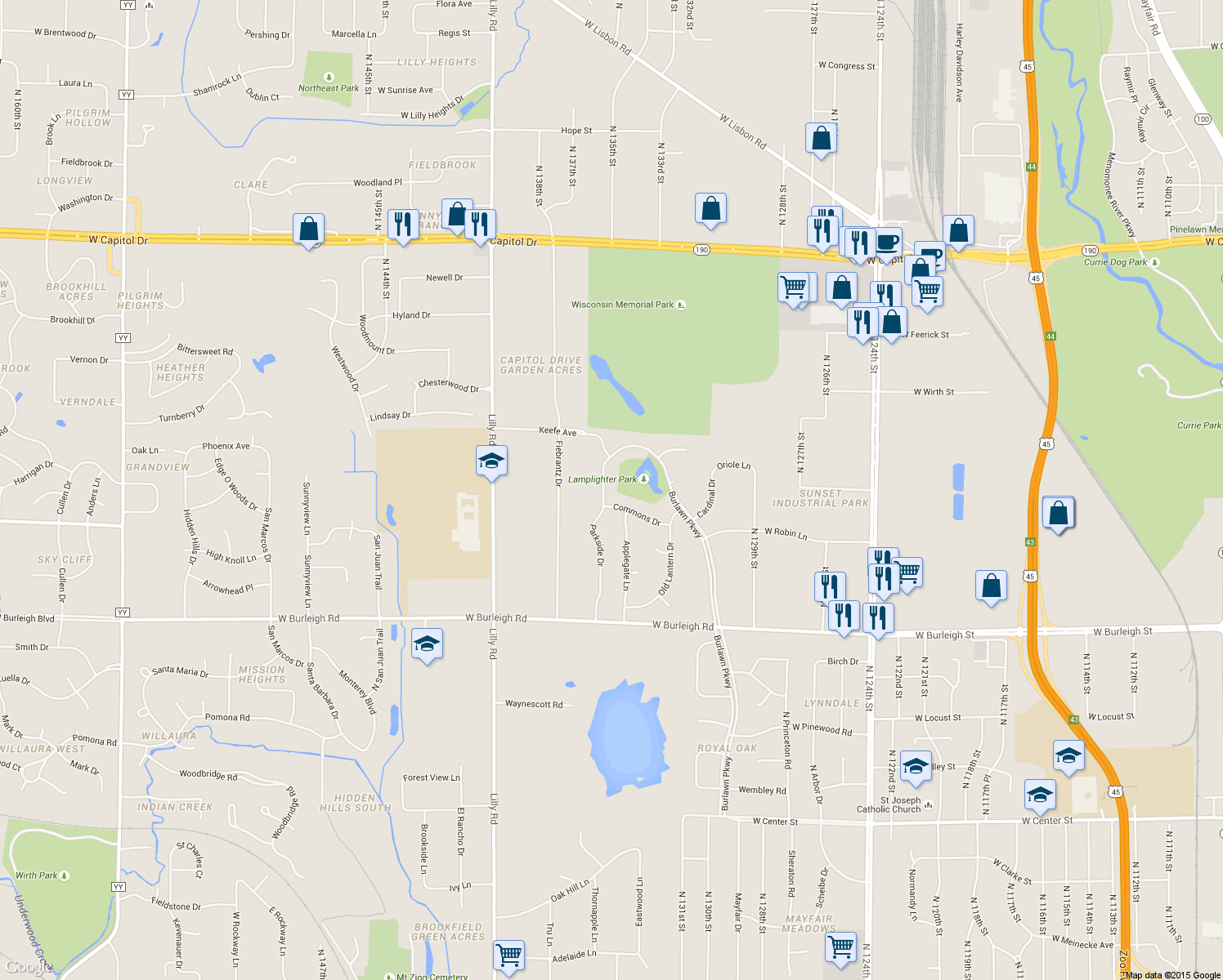 map of restaurants, bars, coffee shops, grocery stores, and more near 3370 Parkside Drive in Brookfield