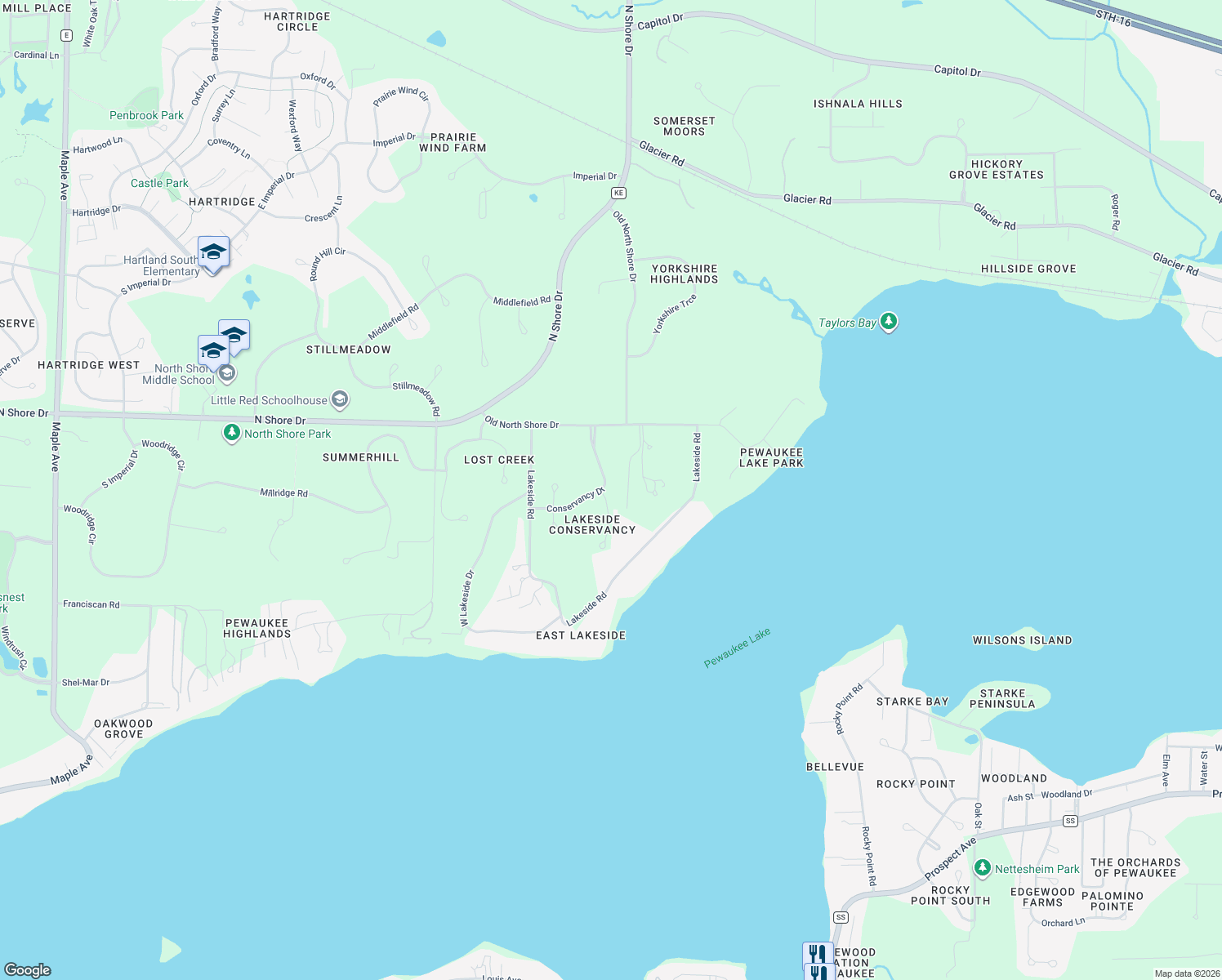 map of restaurants, bars, coffee shops, grocery stores, and more near W285N3352 Lakeside Ridge Court in Pewaukee
