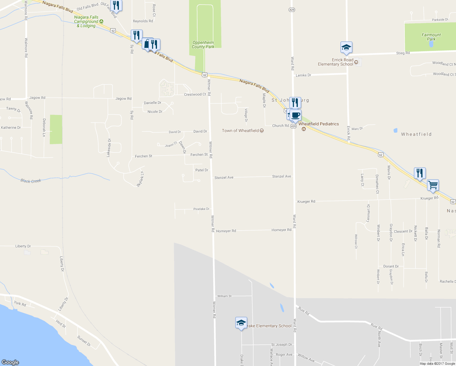 map of restaurants, bars, coffee shops, grocery stores, and more near 2726 Stenzel Avenue in North Tonawanda