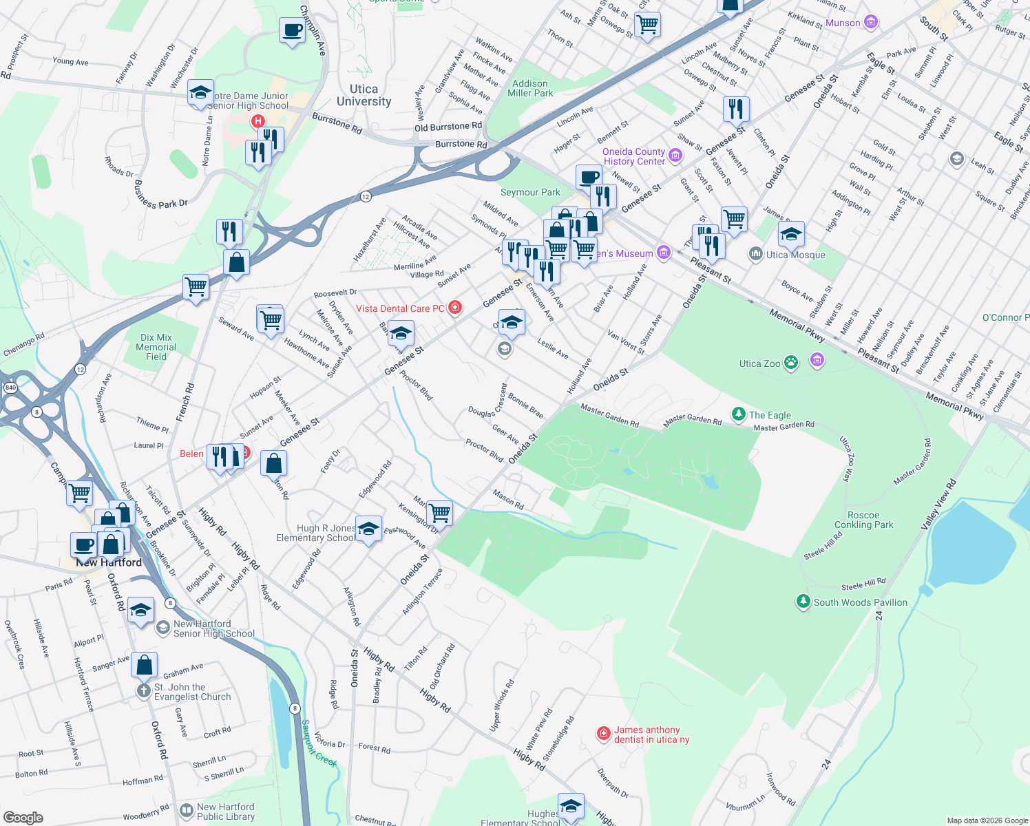 map of restaurants, bars, coffee shops, grocery stores, and more near 7 Ferris Ave in Utica
