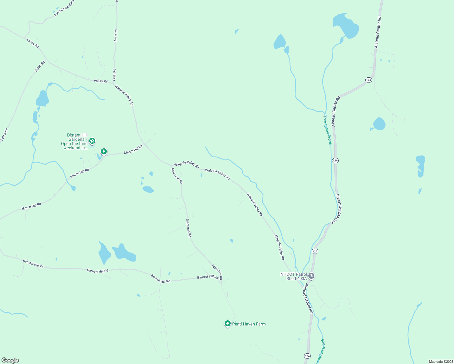 map of restaurants, bars, coffee shops, grocery stores, and more near Walpole Valley Road in Alstead