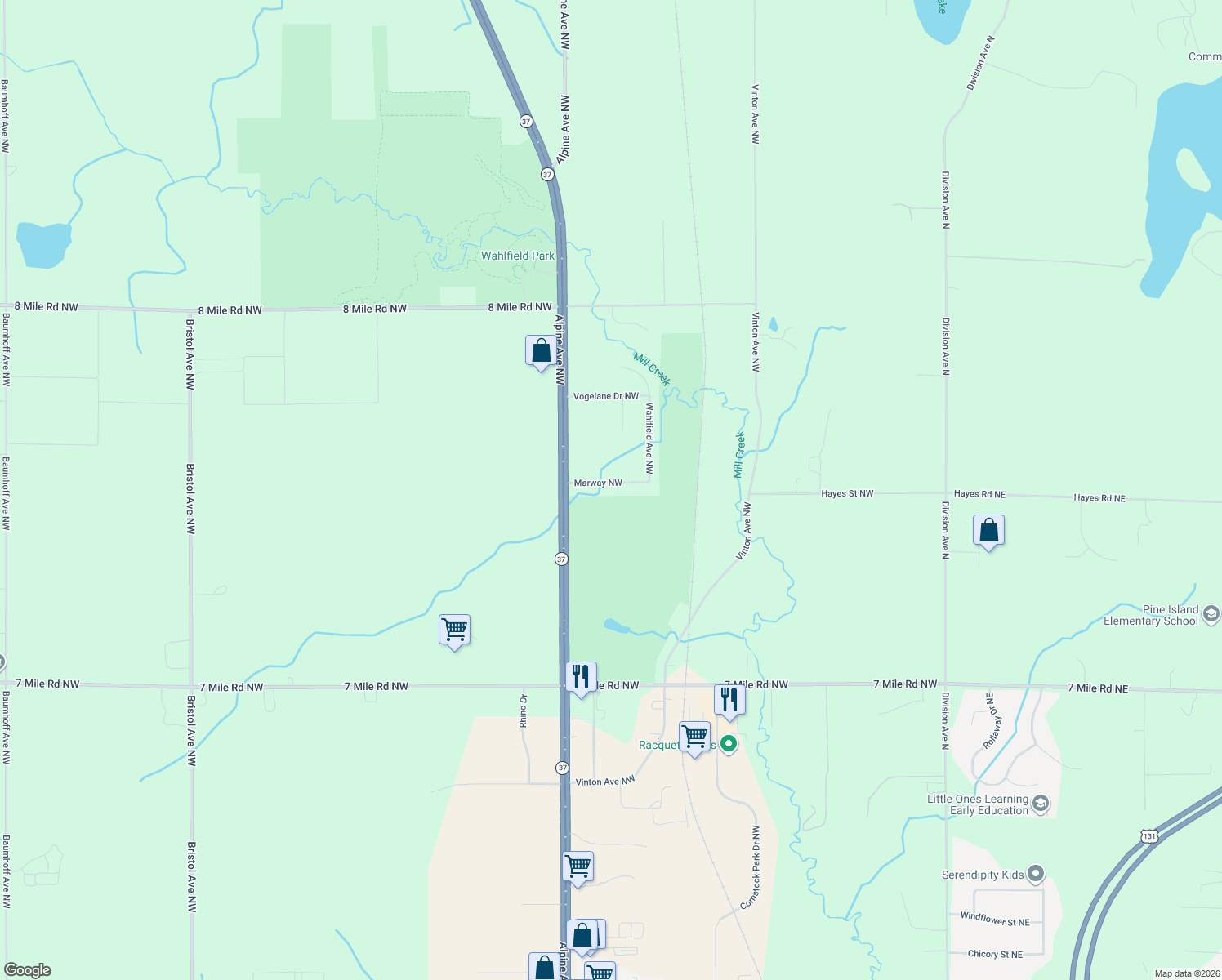 map of restaurants, bars, coffee shops, grocery stores, and more near 716 Marway Northwest in Comstock Park