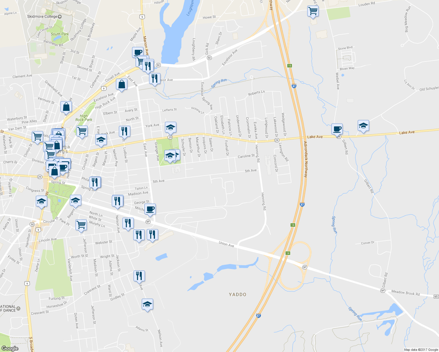 map of restaurants, bars, coffee shops, grocery stores, and more near 144 5th Avenue in Saratoga Springs