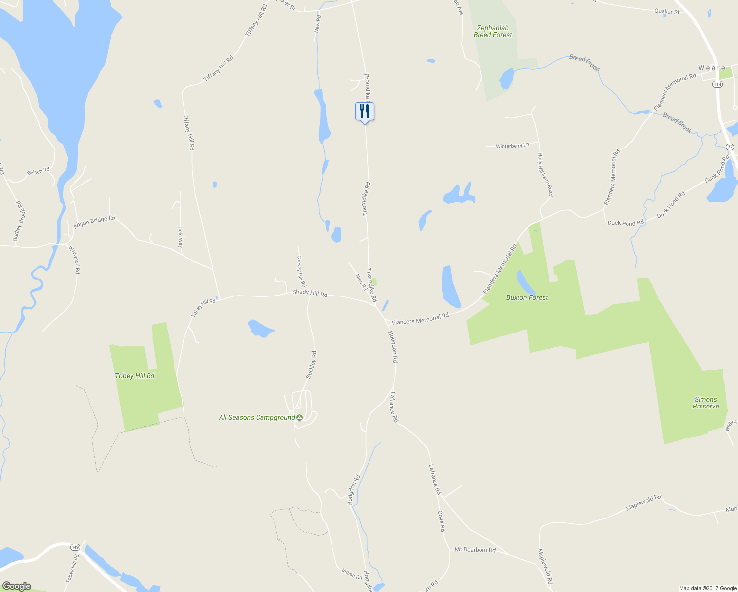 map of restaurants, bars, coffee shops, grocery stores, and more near 34 New Rd in Weare