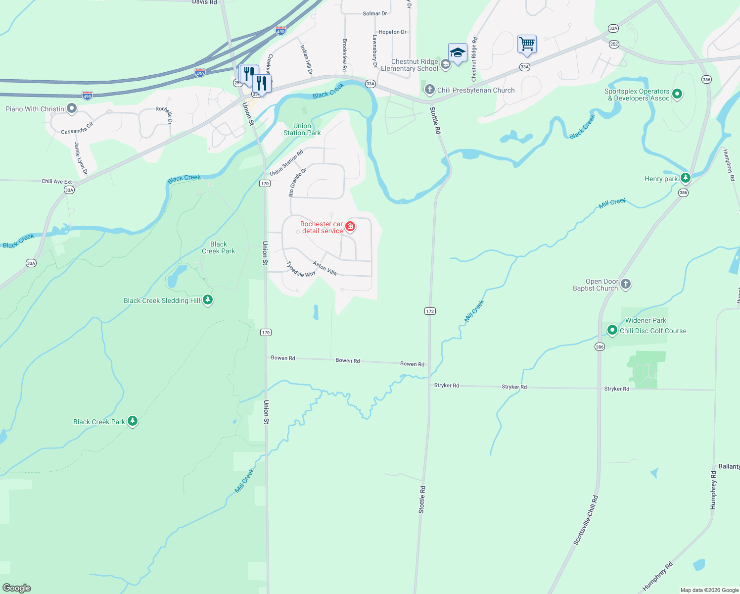 map of restaurants, bars, coffee shops, grocery stores, and more near 75 West Ham Circle in North Chili