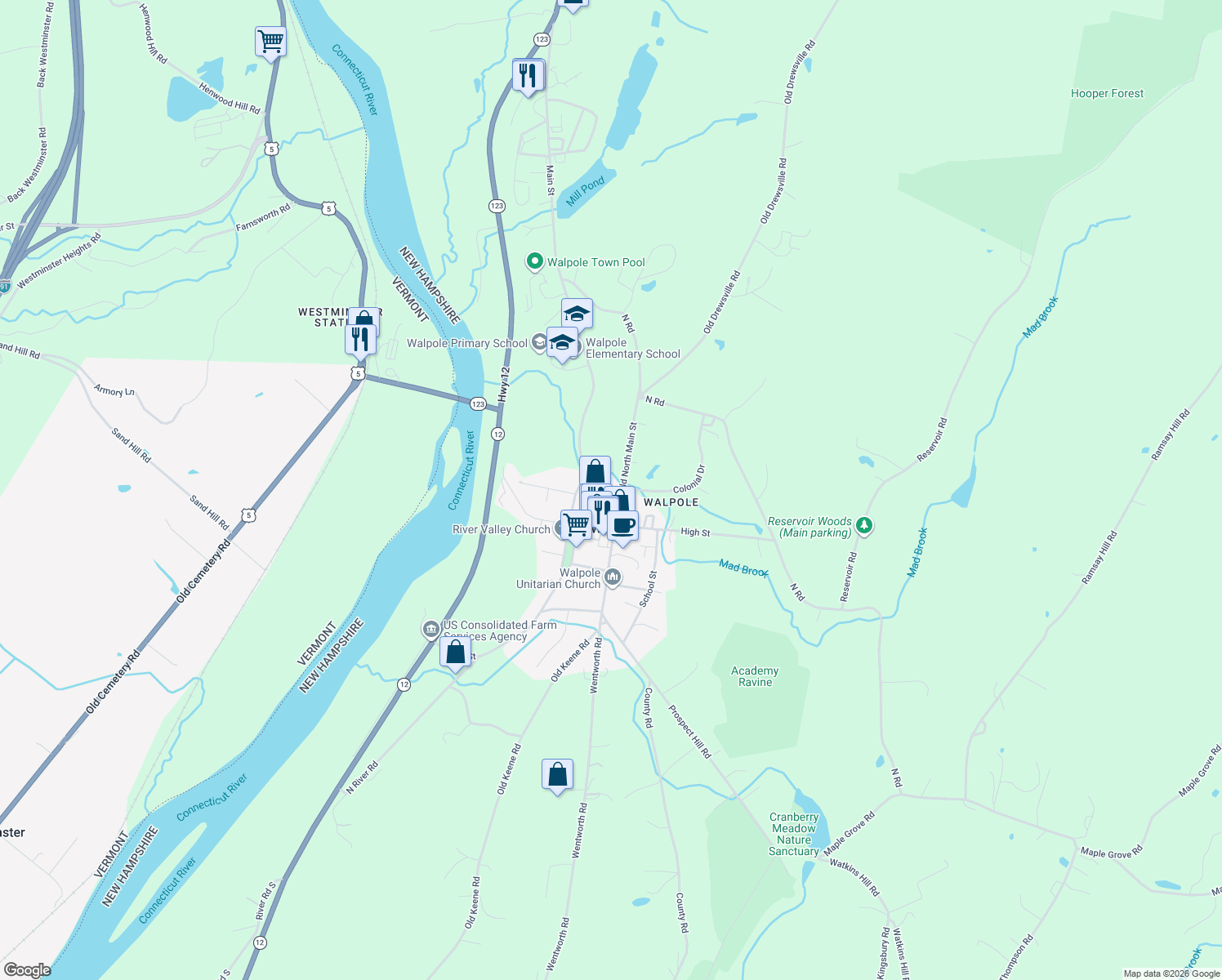 map of restaurants, bars, coffee shops, grocery stores, and more near 7 Rogers Street in Walpole