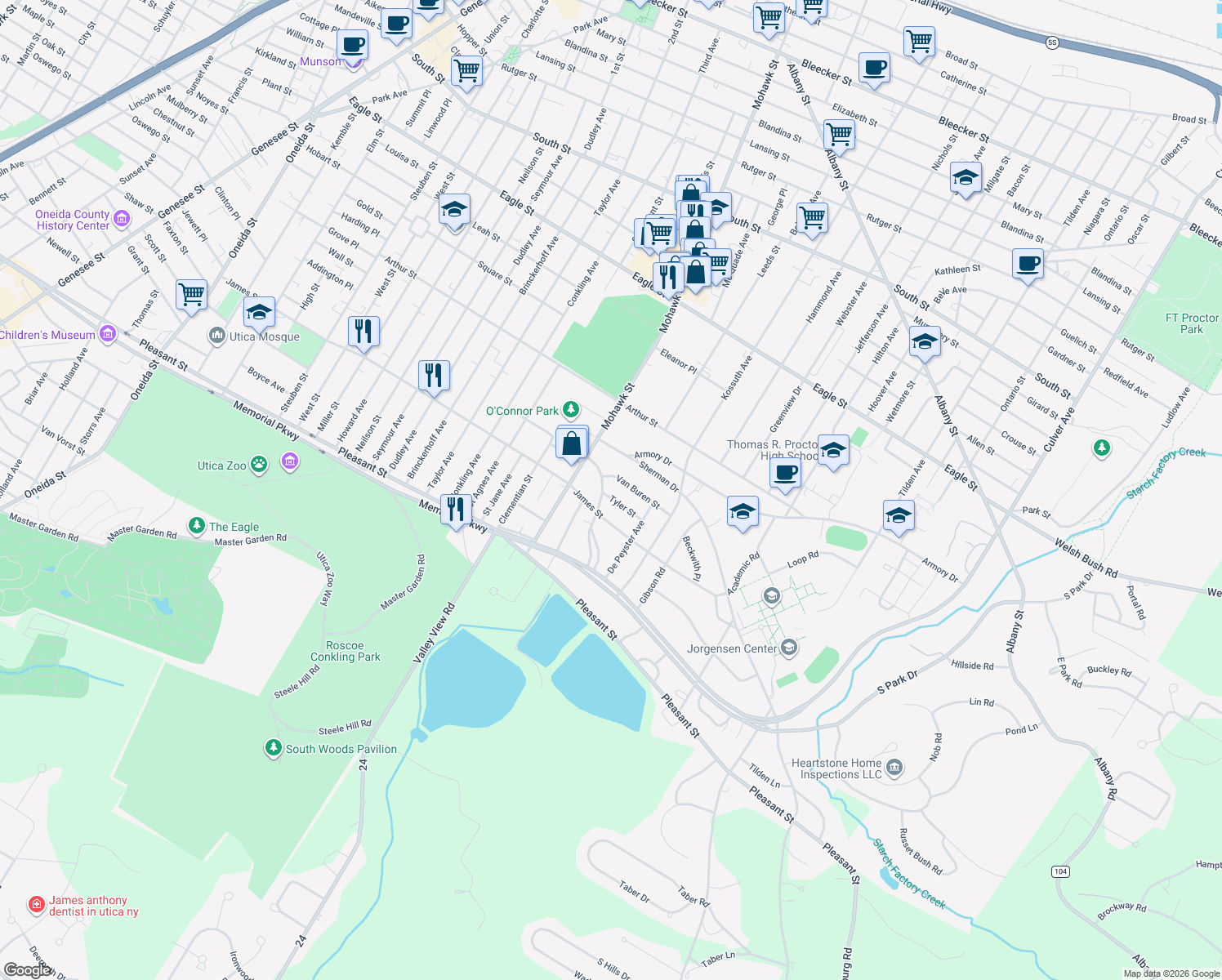 map of restaurants, bars, coffee shops, grocery stores, and more near 1513 Brookside Ave in Utica