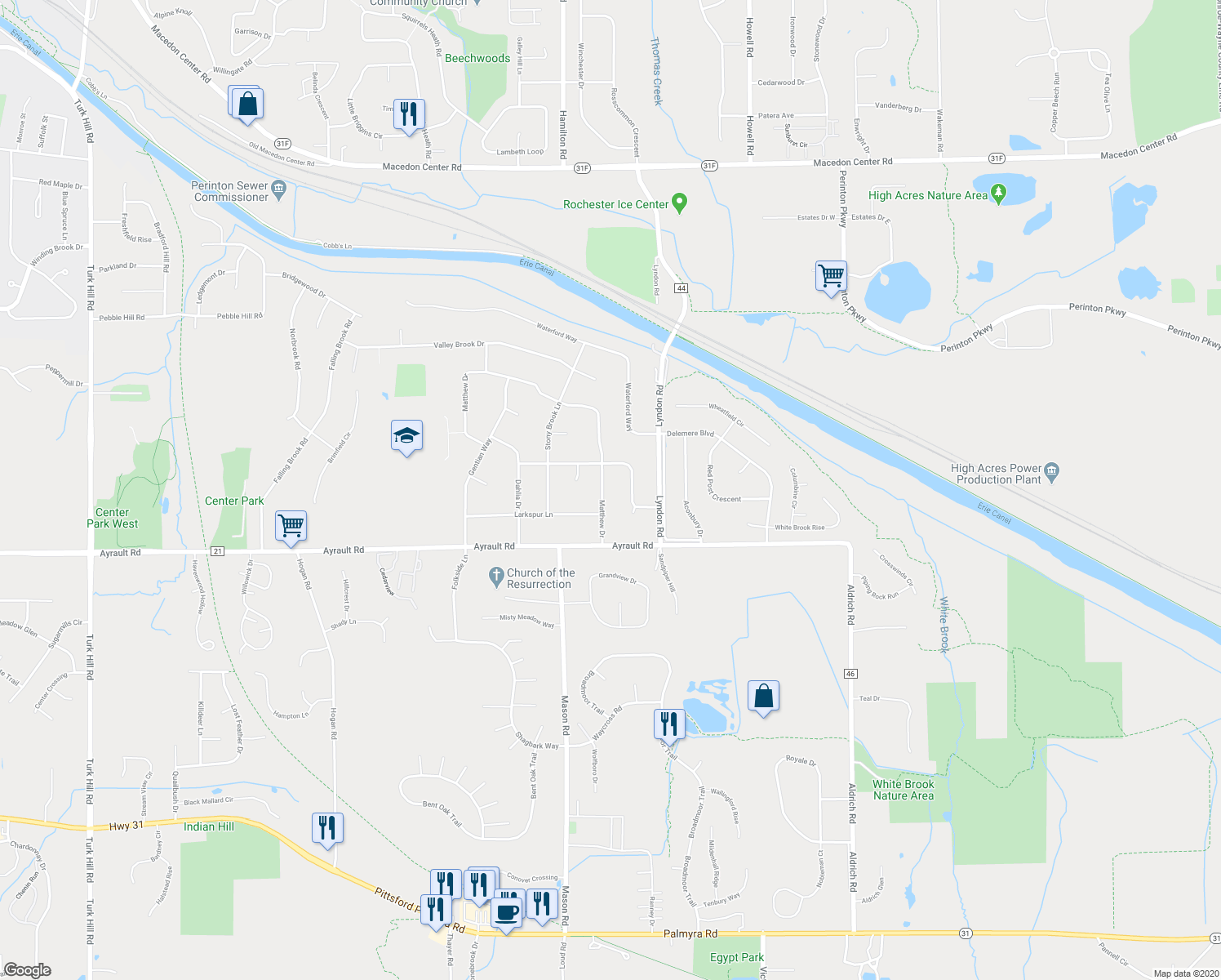 map of restaurants, bars, coffee shops, grocery stores, and more near 14 Matthew Drive in Fairport