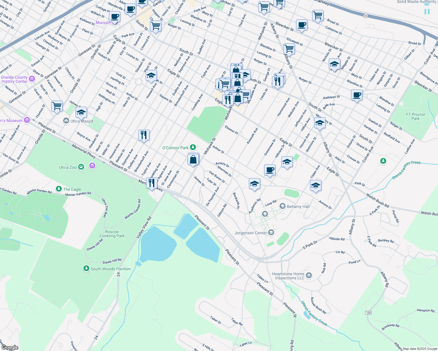 map of restaurants, bars, coffee shops, grocery stores, and more near 821 Van Buren St in Utica