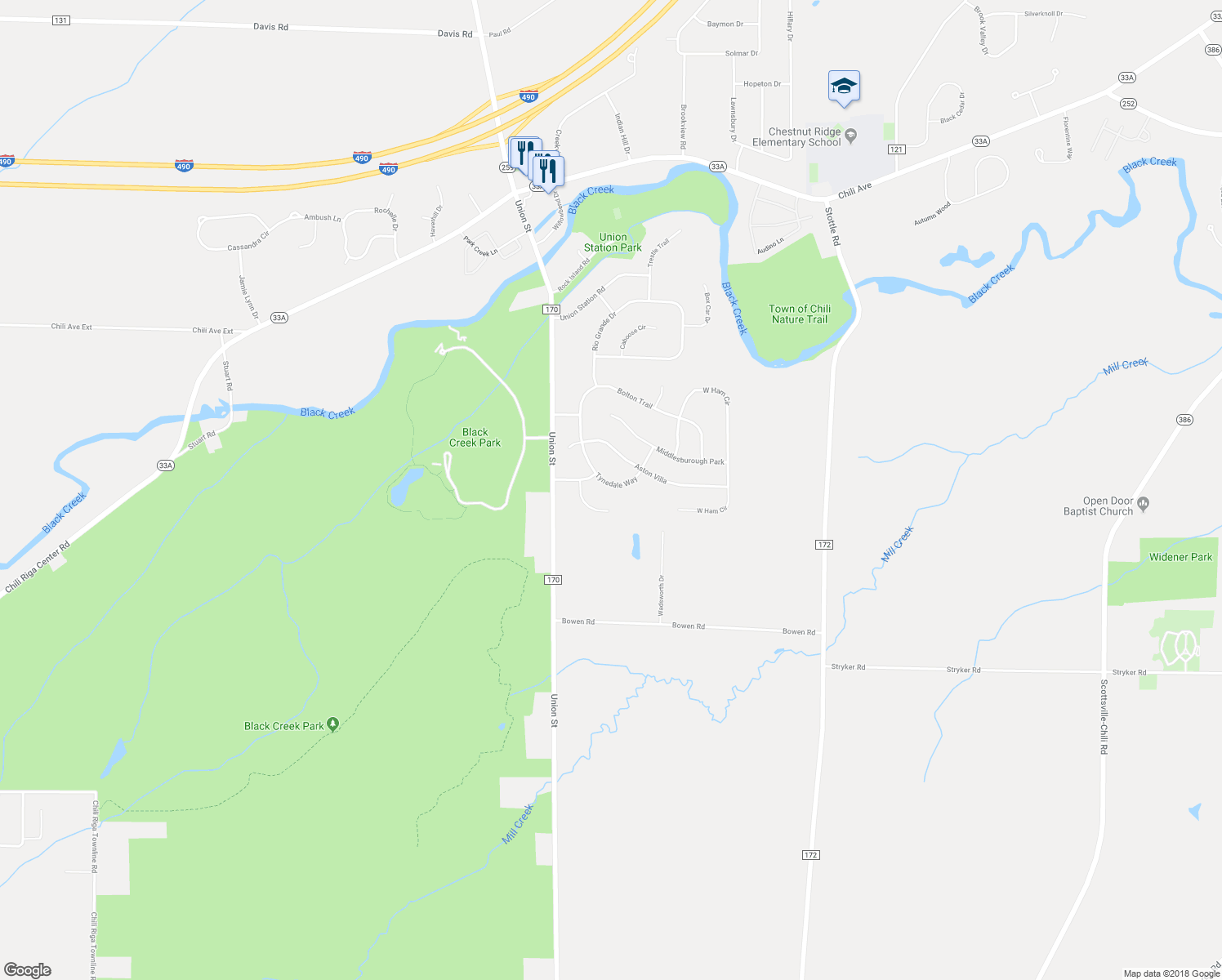 map of restaurants, bars, coffee shops, grocery stores, and more near 17 Tynedale Way in North Chili