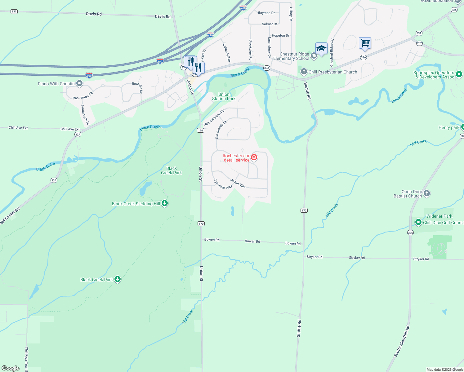 map of restaurants, bars, coffee shops, grocery stores, and more near 27 Tynedale Way in North Chili