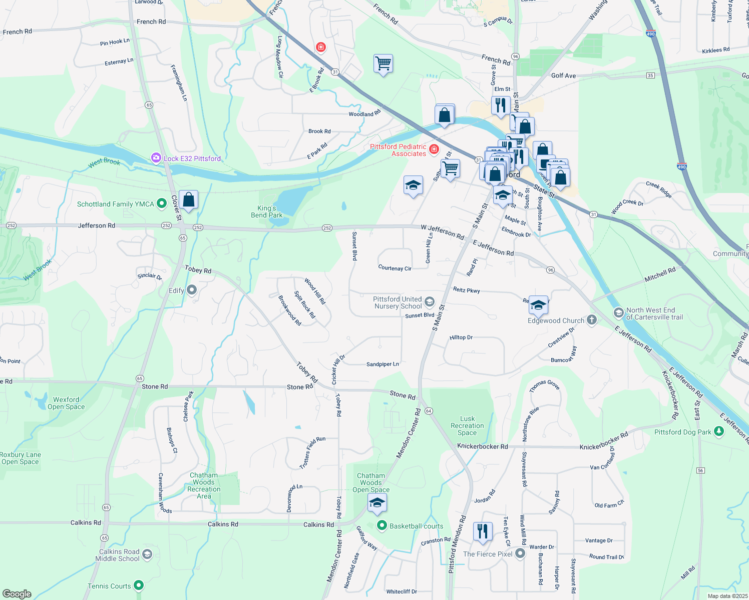 map of restaurants, bars, coffee shops, grocery stores, and more near 13 Buttermilk Hill Road in Pittsford