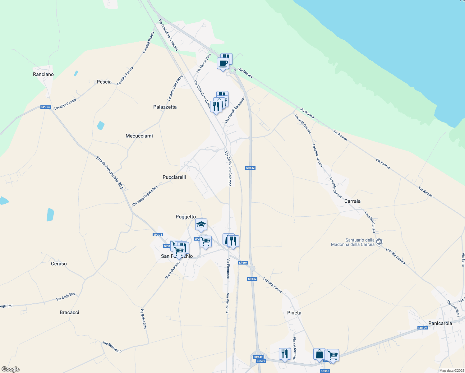 map of restaurants, bars, coffee shops, grocery stores, and more near 97 Via Cristoforo Colombo in Provincia di Perugia