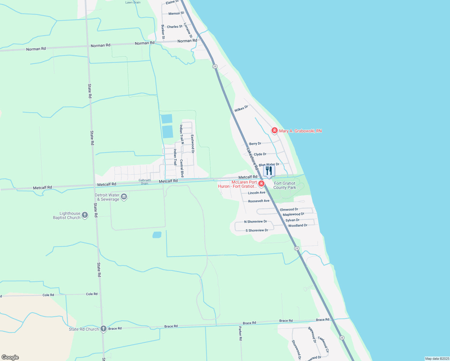 map of restaurants, bars, coffee shops, grocery stores, and more near 3535 Metcalf Road in Fort Gratiot Township