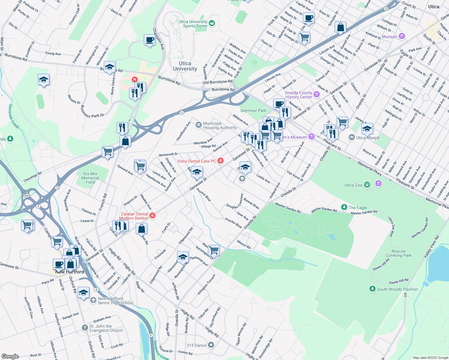 map of restaurants, bars, coffee shops, grocery stores, and more near 6 Ballantyne Brae in Utica