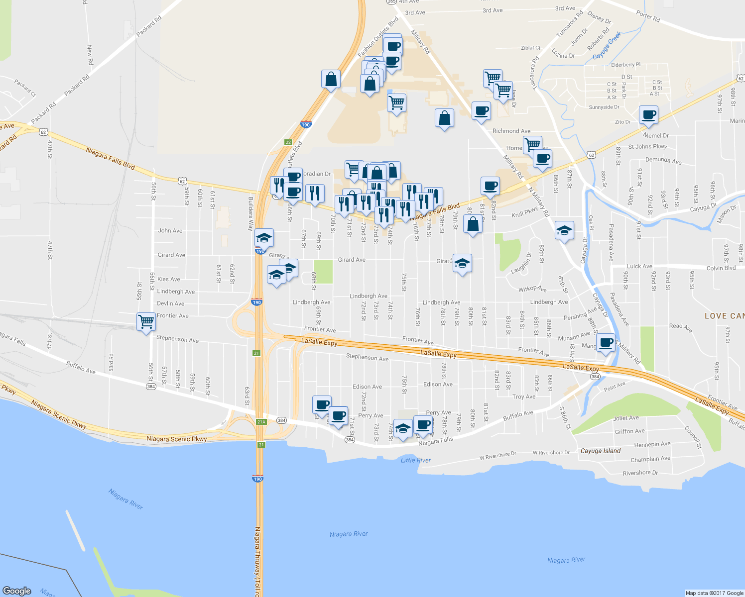 map of restaurants, bars, coffee shops, grocery stores, and more near 482 73rd Street in Niagara Falls