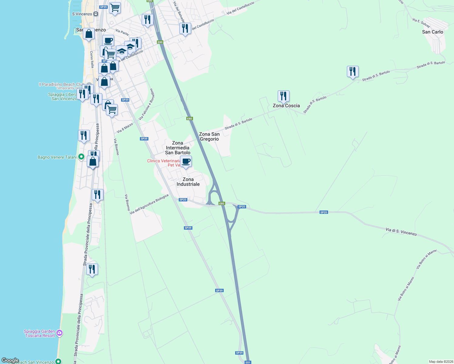 map of restaurants, bars, coffee shops, grocery stores, and more near 23 Strada per Campiglia Marittima in Provincia di Livorno