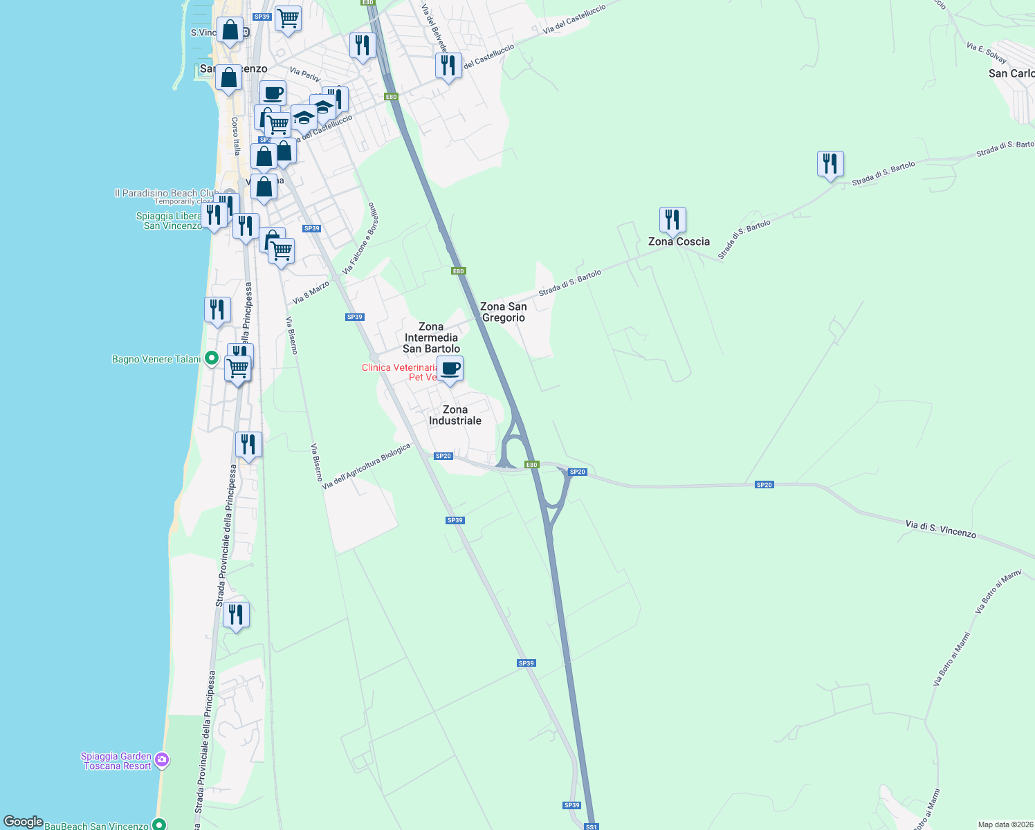 map of restaurants, bars, coffee shops, grocery stores, and more near 23 Strada per Campiglia Marittima in Provincia di Livorno