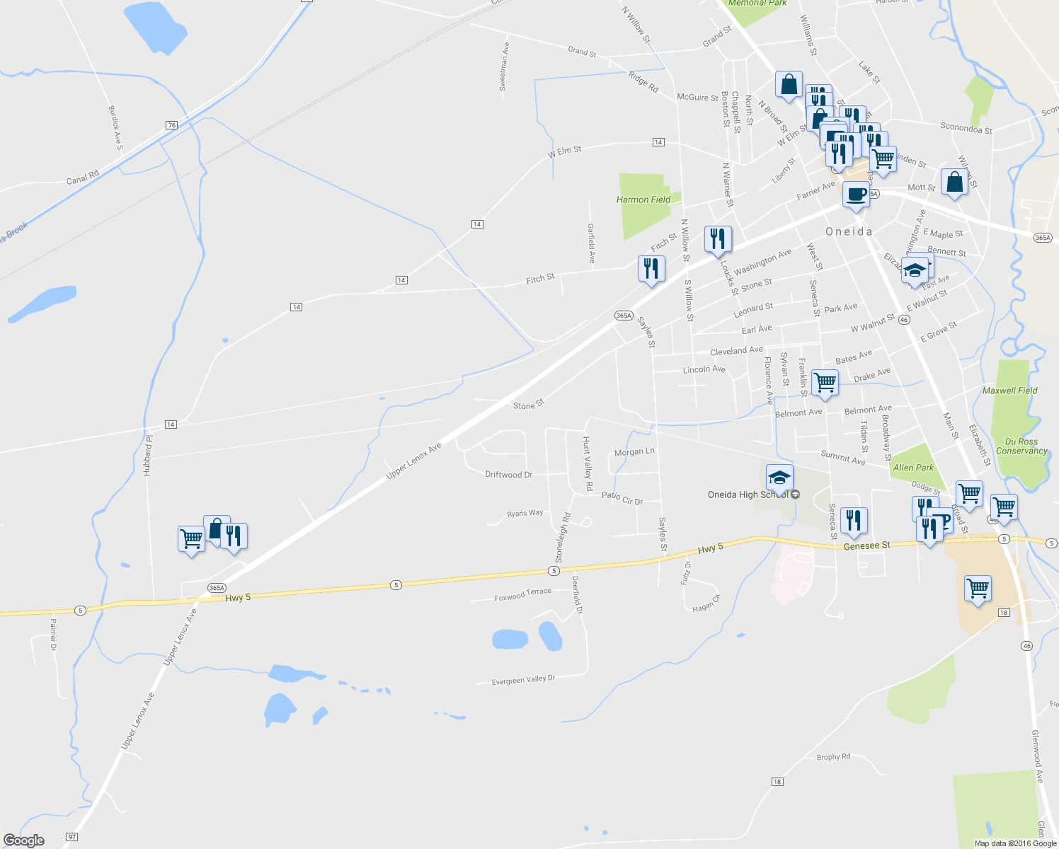 map of restaurants, bars, coffee shops, grocery stores, and more near 165 Willow Meadow Way in Oneida