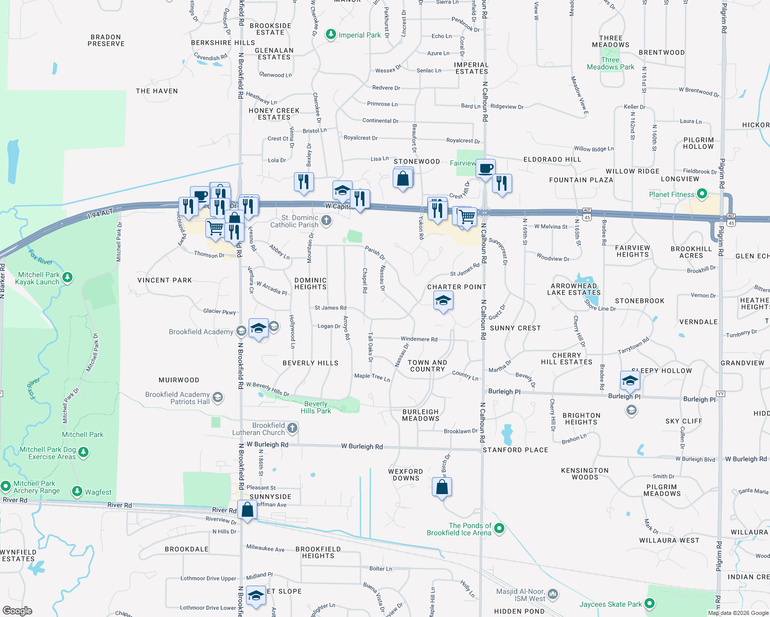 map of restaurants, bars, coffee shops, grocery stores, and more near 17855 Captains Court in Brookfield