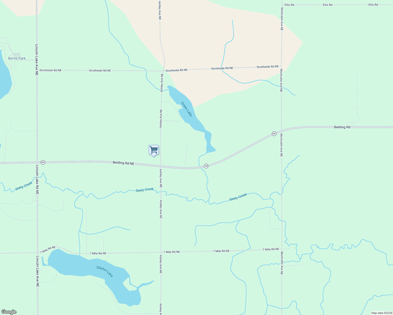 map of restaurants, bars, coffee shops, grocery stores, and more near 13855 Belding Road Northeast in Belding