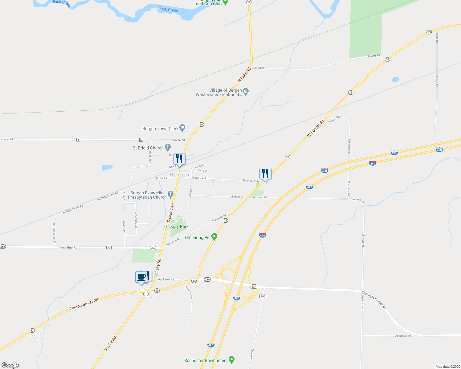 map of restaurants, bars, coffee shops, grocery stores, and more near 54 Rochester Street in Bergen