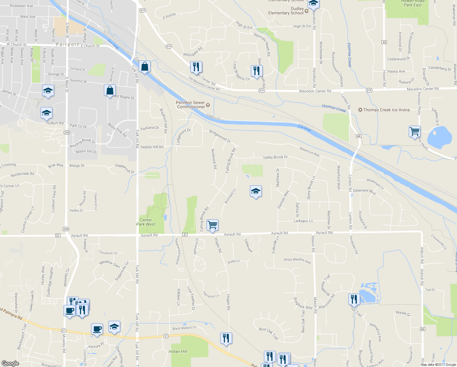map of restaurants, bars, coffee shops, grocery stores, and more near 46 Falling Brook Road in Fairport