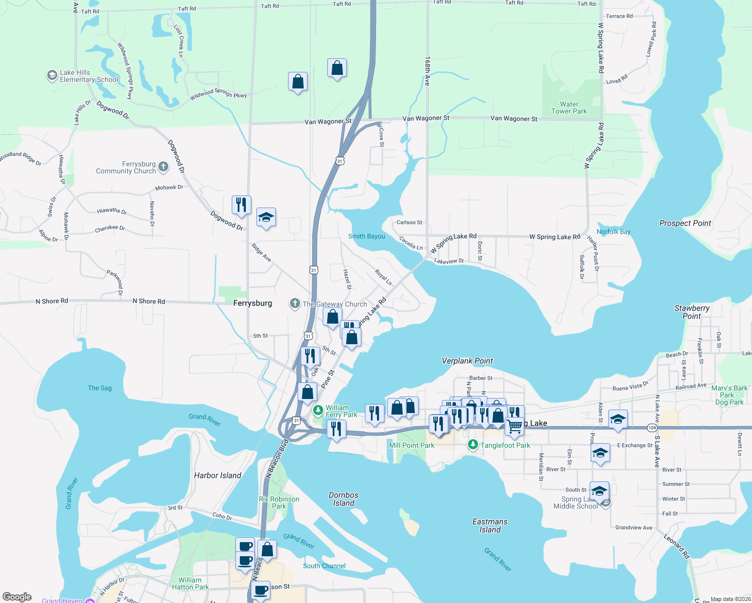 map of restaurants, bars, coffee shops, grocery stores, and more near 16827 West Spring Lake Road in Spring Lake