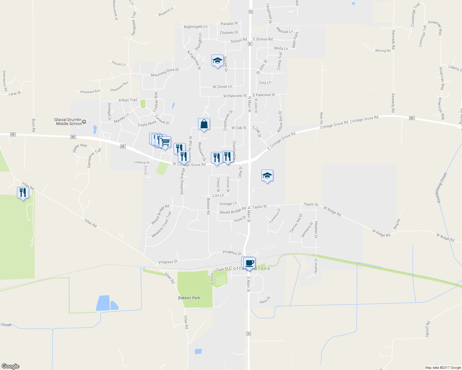 map of restaurants, bars, coffee shops, grocery stores, and more near 442 Connie Street in Cottage Grove