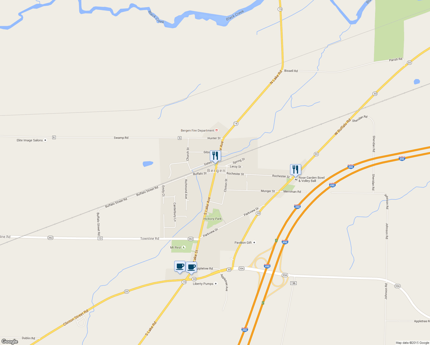 map of restaurants, bars, coffee shops, grocery stores, and more near North Lake Avenue & Rochester Street in Bergen