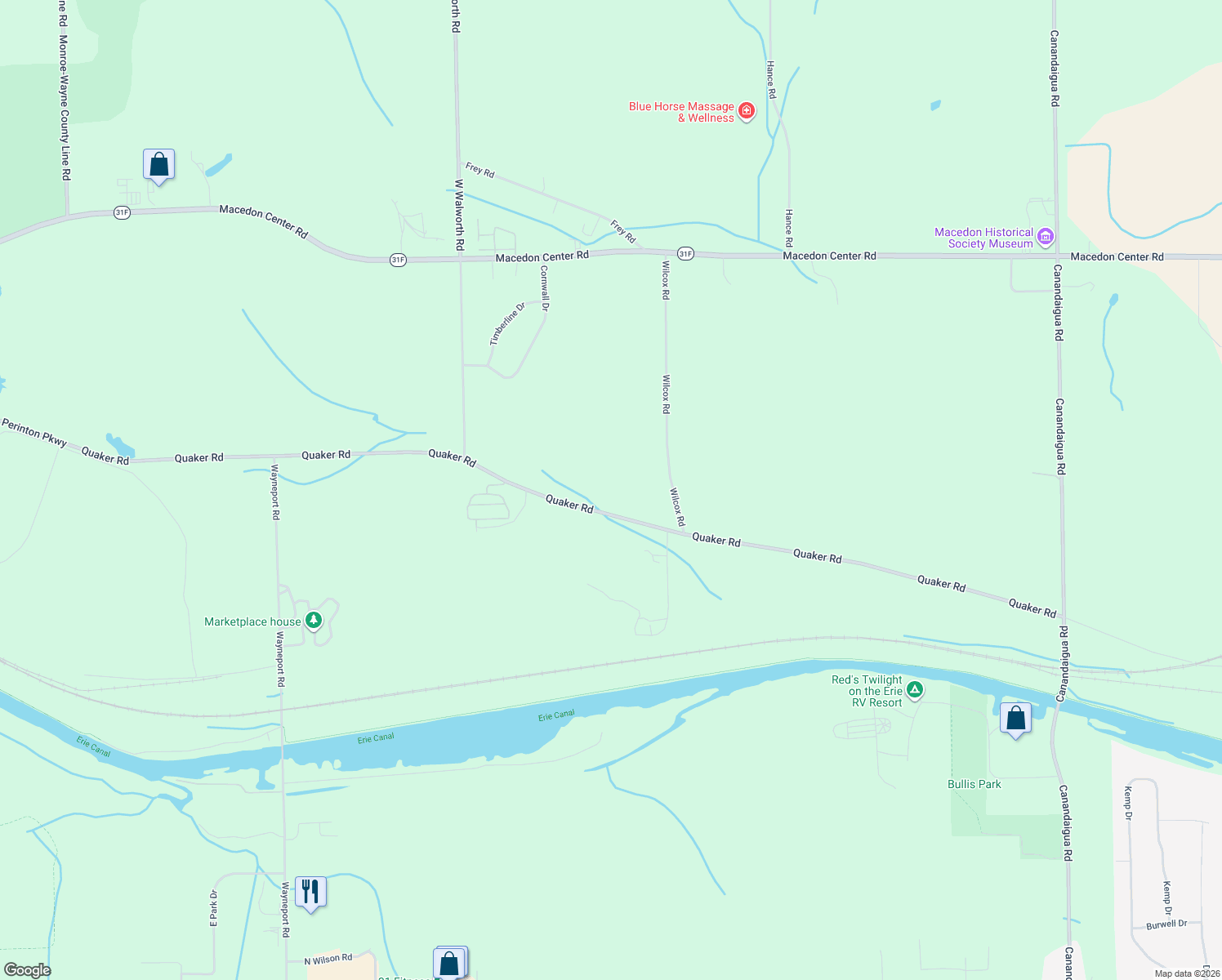 map of restaurants, bars, coffee shops, grocery stores, and more near 689 Quaker Road in Macedon